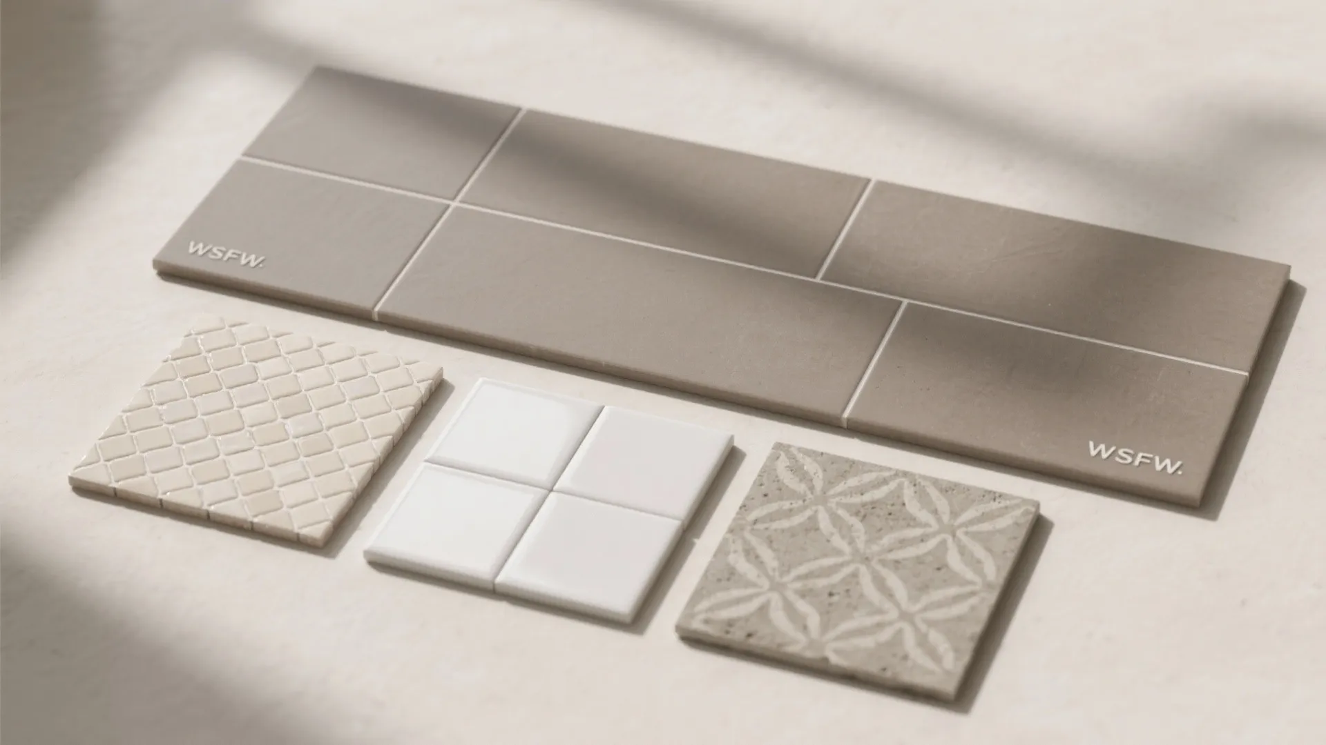 Collection of different floor tile samples including brown rectangles white squares and grey patterned ceramic pieces