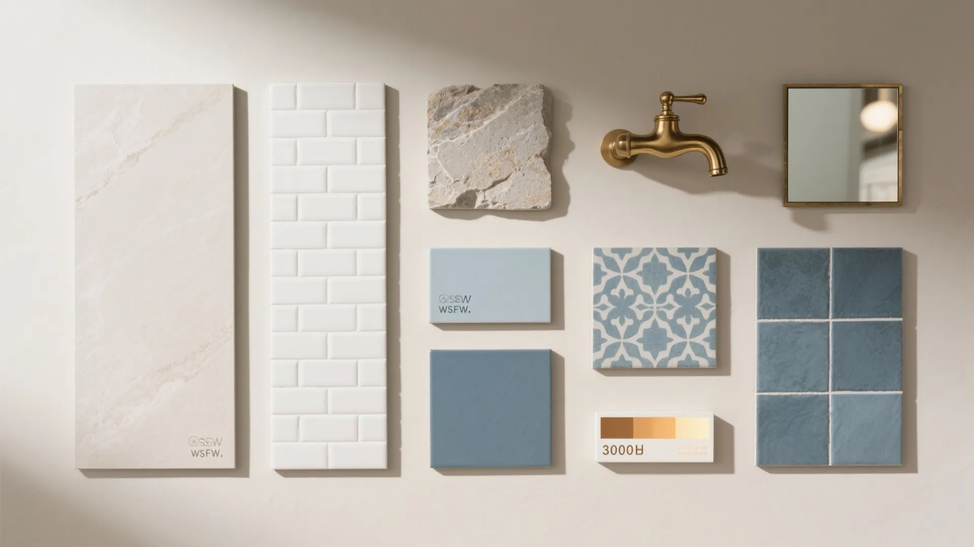 Interior design mood board with blue tiles white wall panels gold water tap and stone