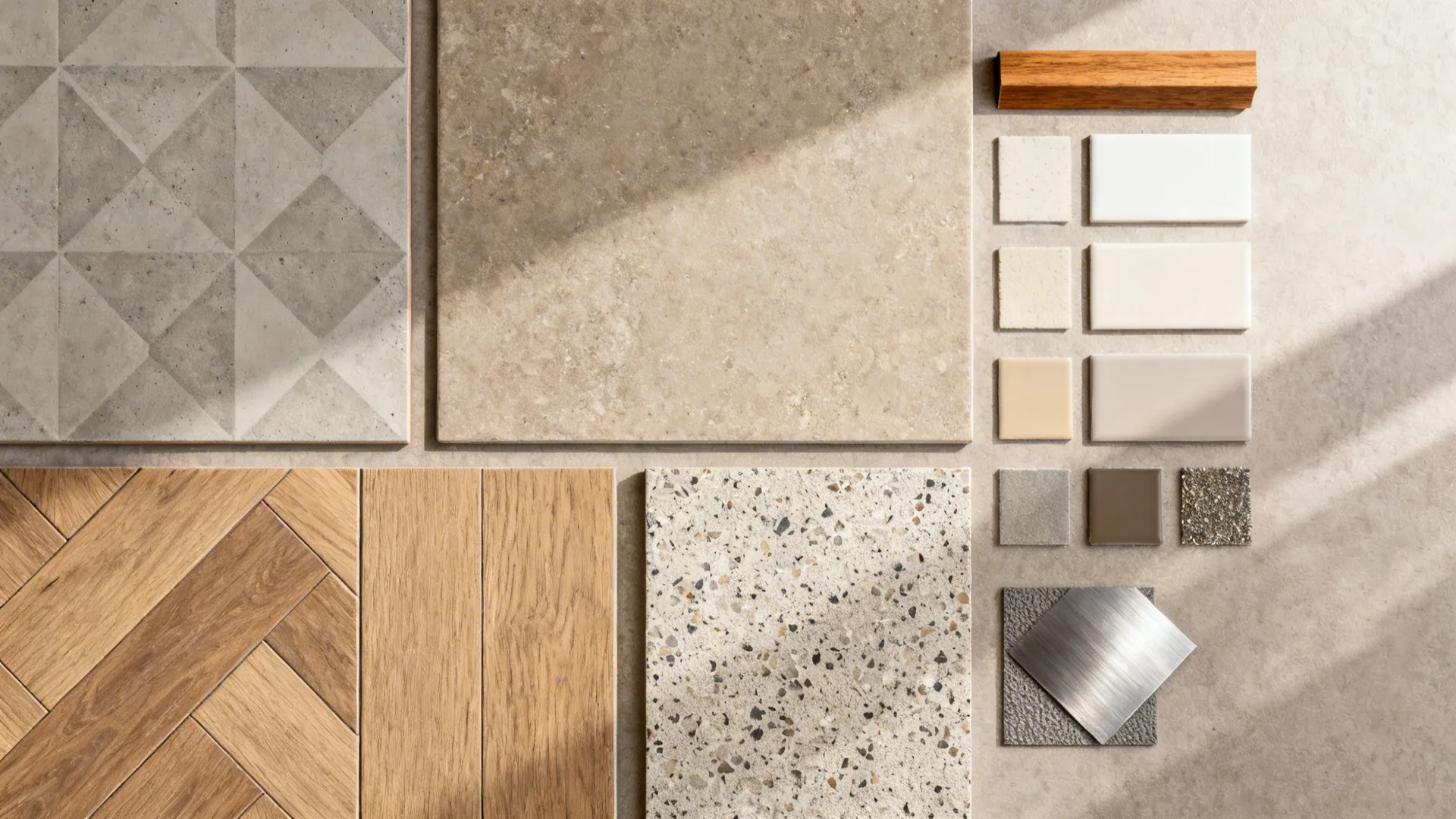 Flat-lay of five kitchen floor tile types with coordinating grout, wood, and metal accents.