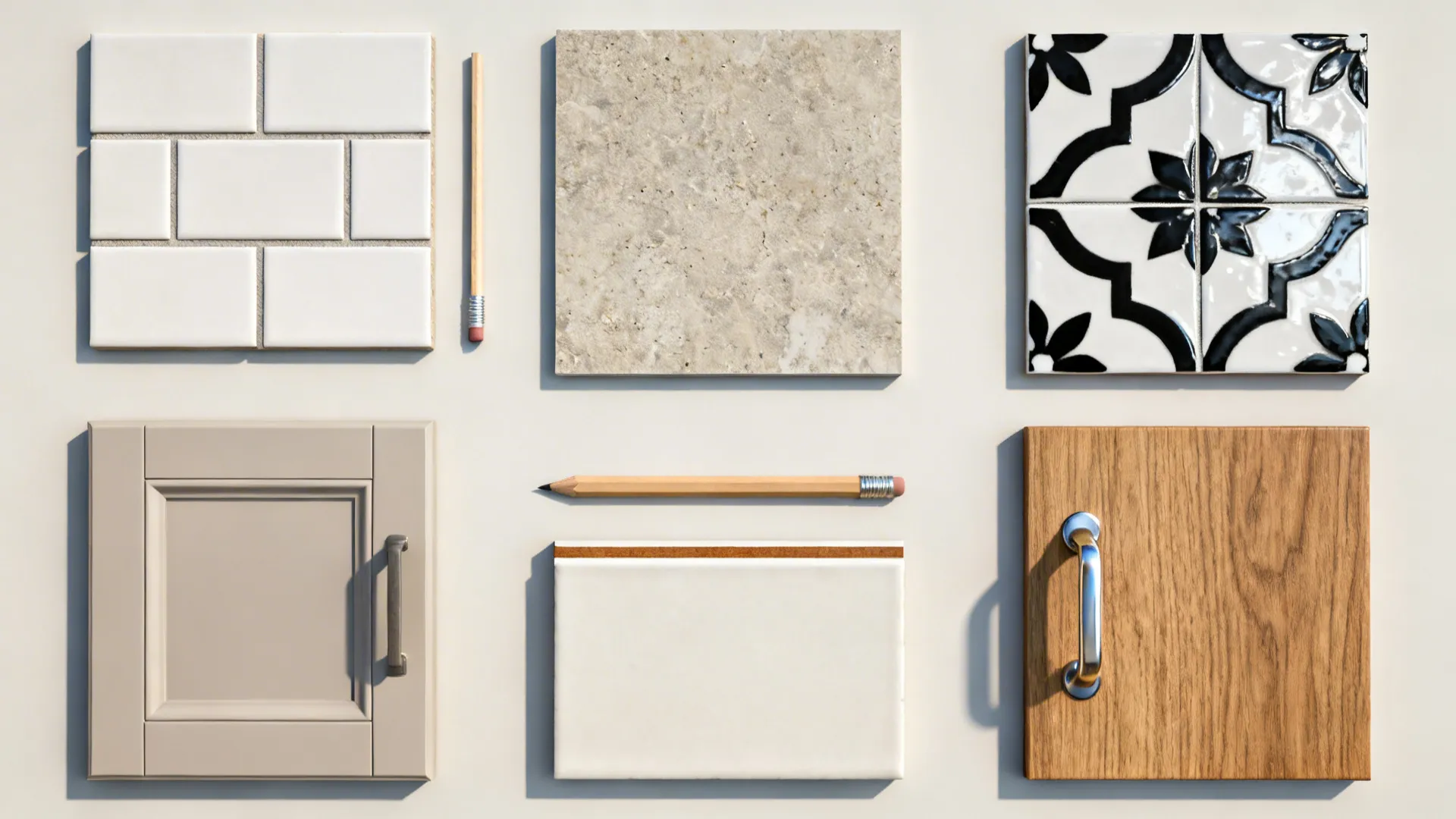 Flatlay of five kitchen tile samples with grout, wood, and hardware to show a cohesive palette.