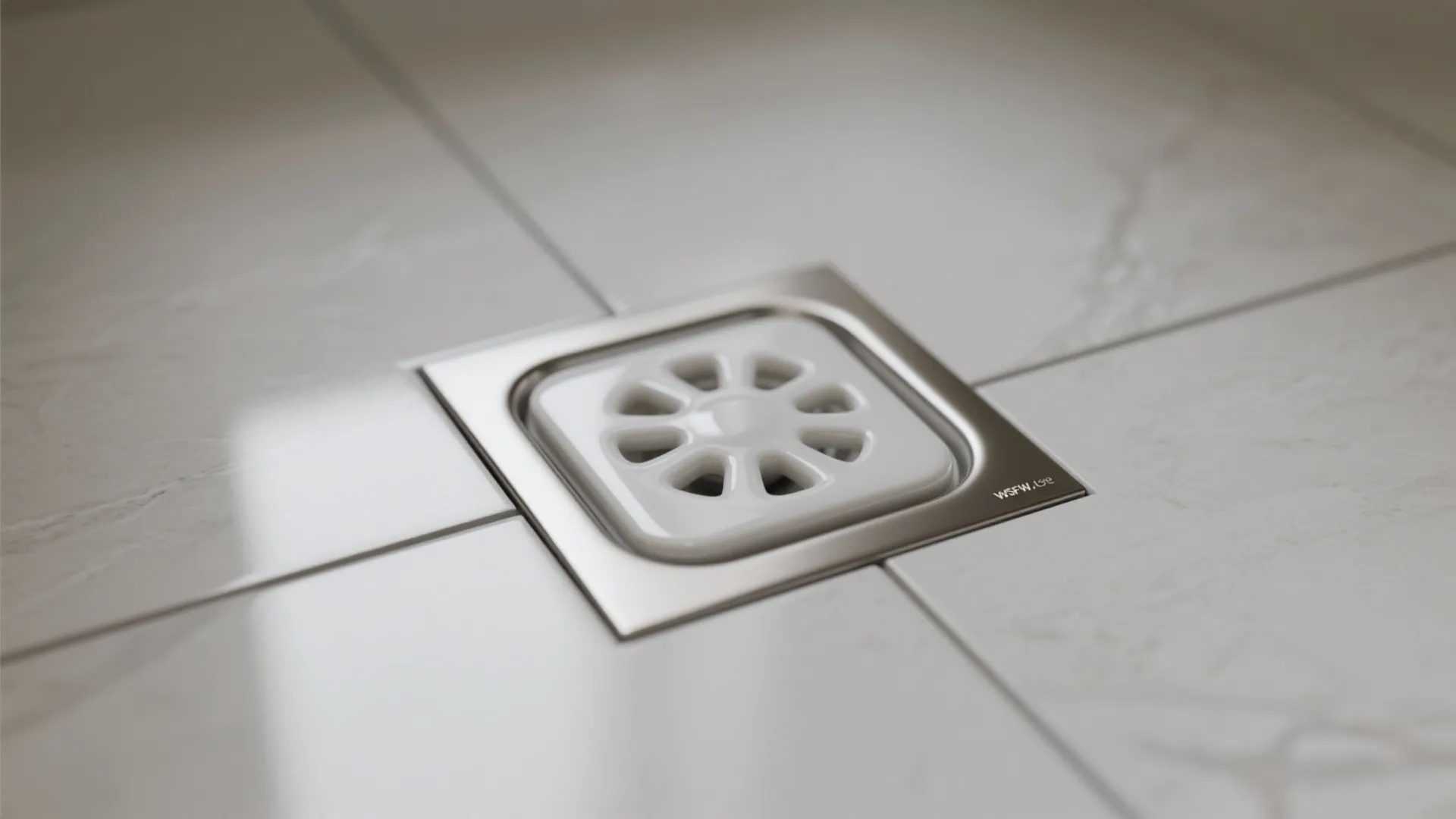 Close up of a silver square floor drain installed on light grey marble bathroom tiles