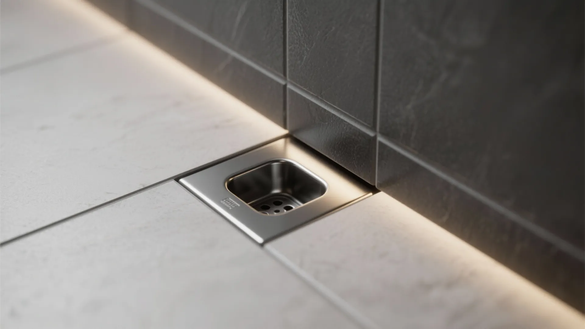 Macro of a tile-in drain showing a slim slot and level tile edges.