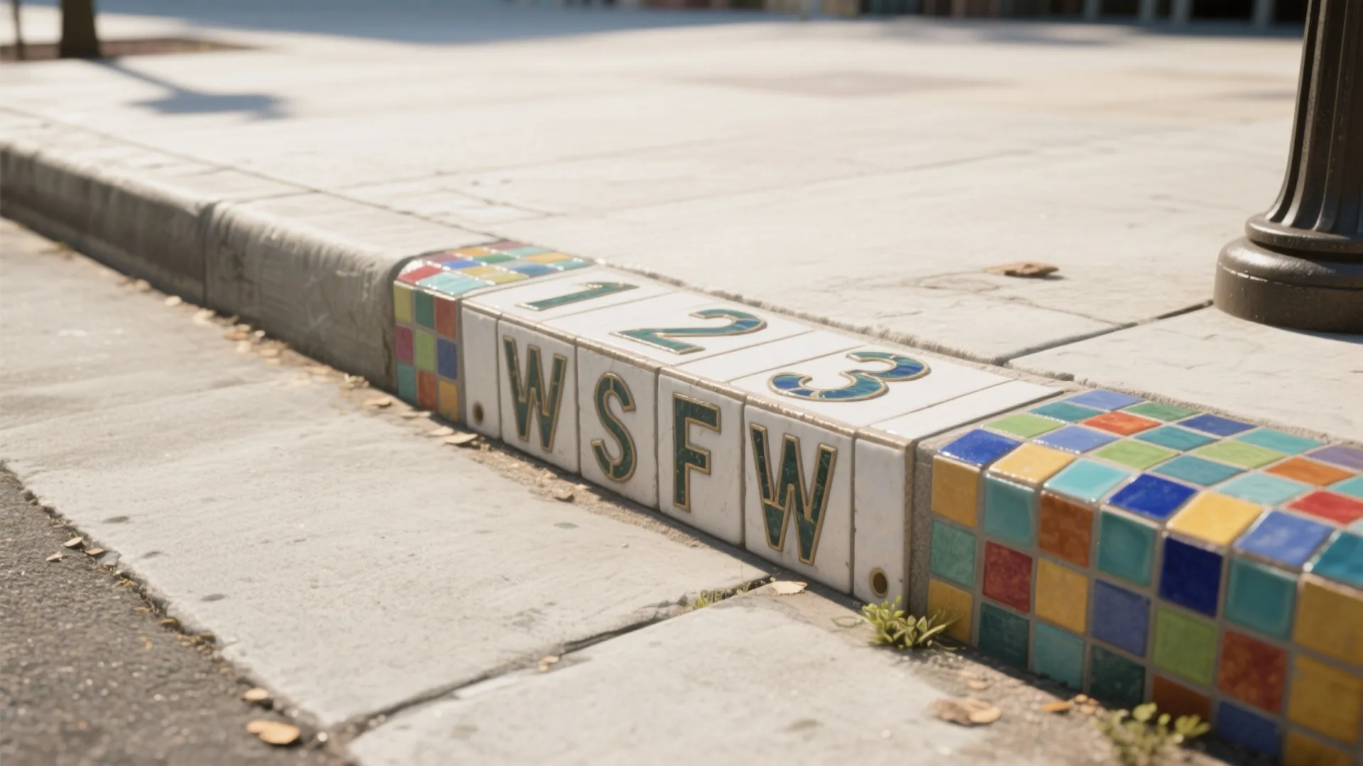 Durable ceramic tile inlay house numbers set into a curb with visible grout and texture.