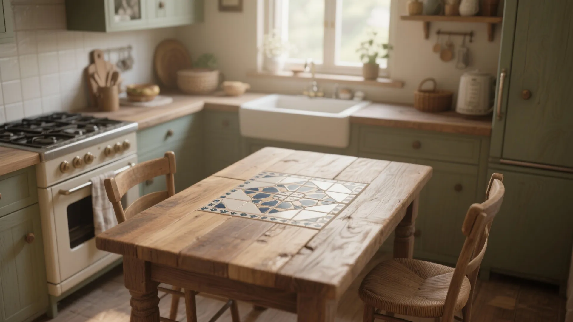Rustic wooden kitchen table with blue tile pattern inlay in cozy green cabinet kitchen interior