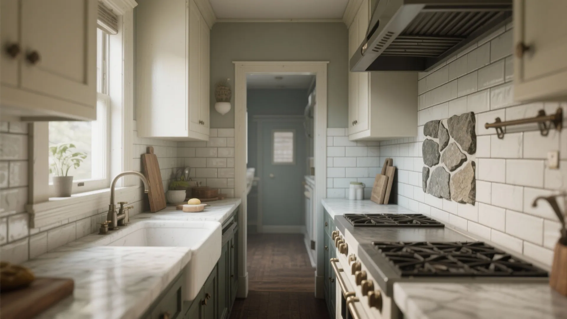 Modern kitchen with white subway tile backsplash, marble countertop, stone wall accents, and green cabinets