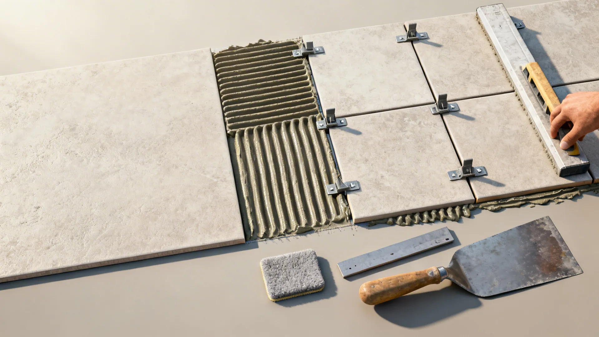 Installing floor tiles on wet adhesive using plastic spacers and a professional metal hand tool