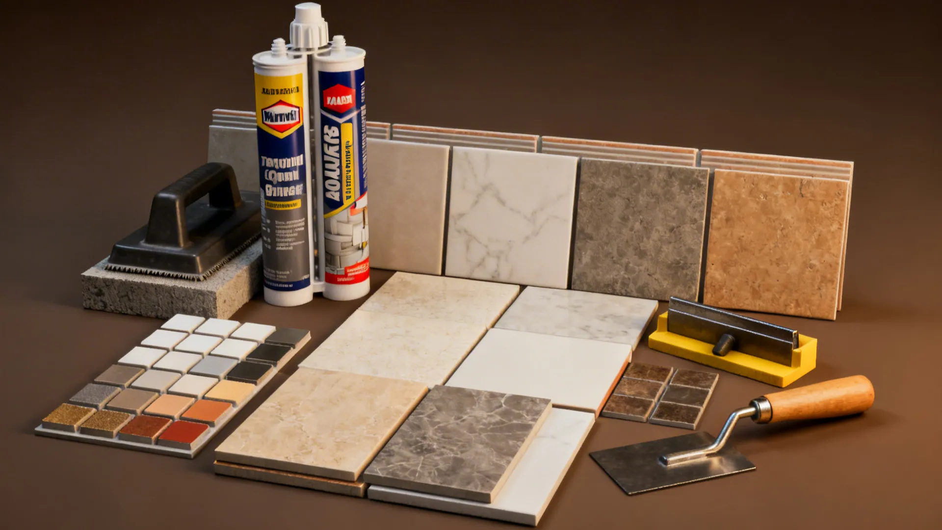 Staged materials and tools for tiled wall installation including grout and substrate inspection tools.