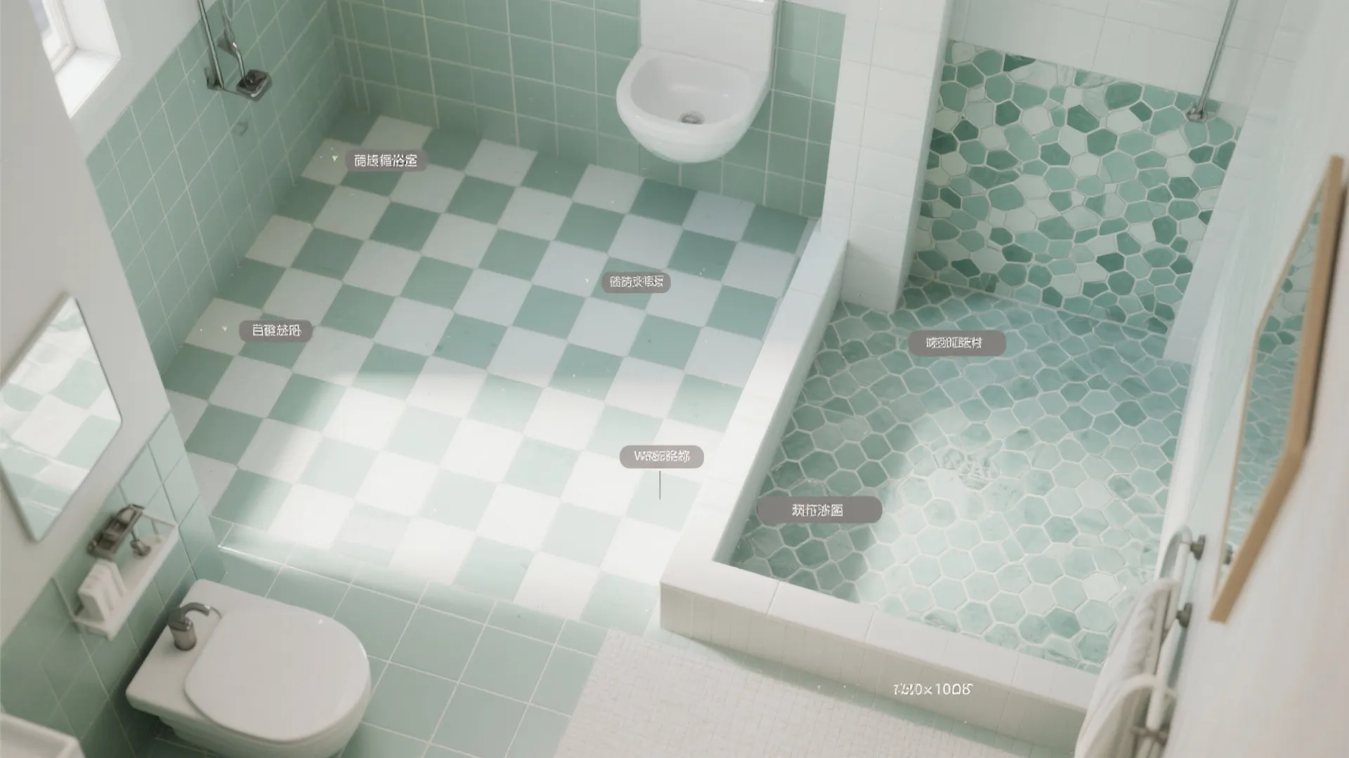 Top-down schematic showing different green tile layout options for a small bathroom.