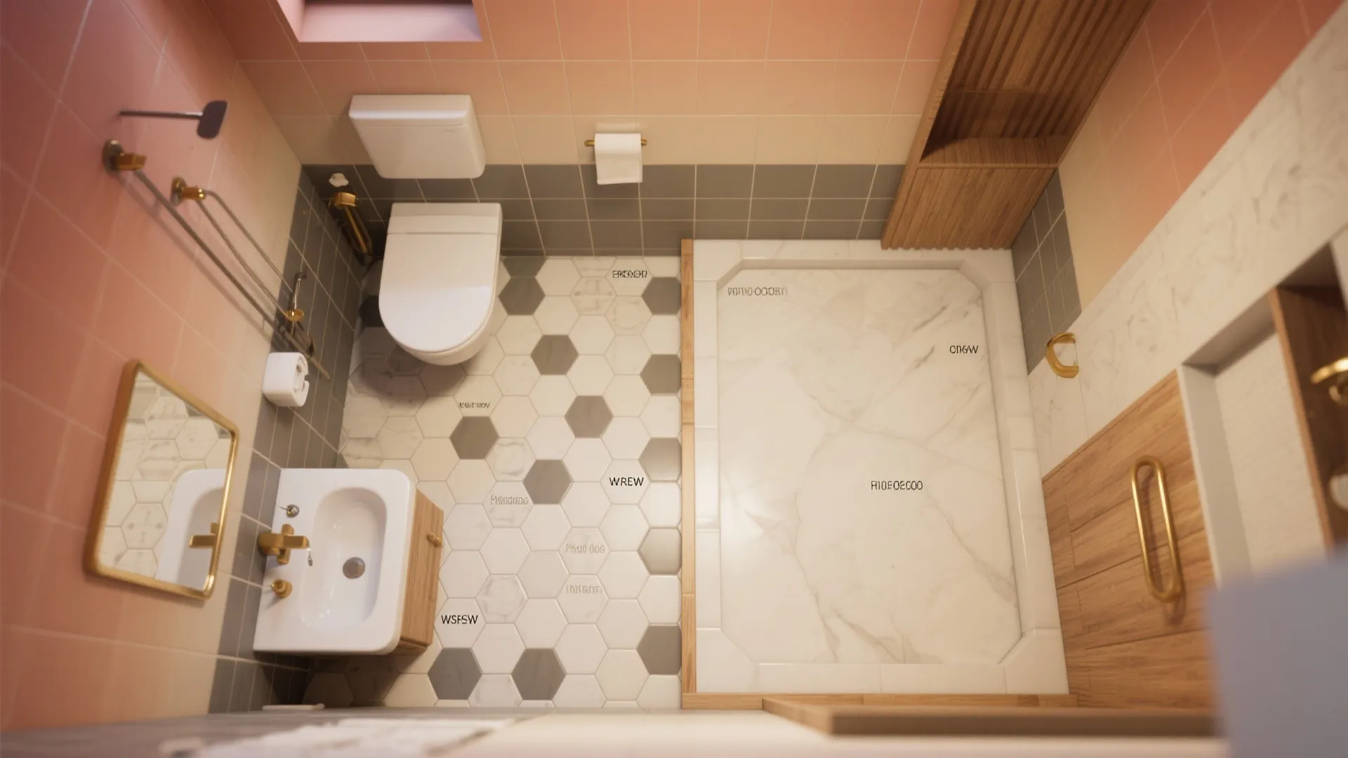 Top view of bathroom layout with pink walls hexagon floor tiles white sink and toilet