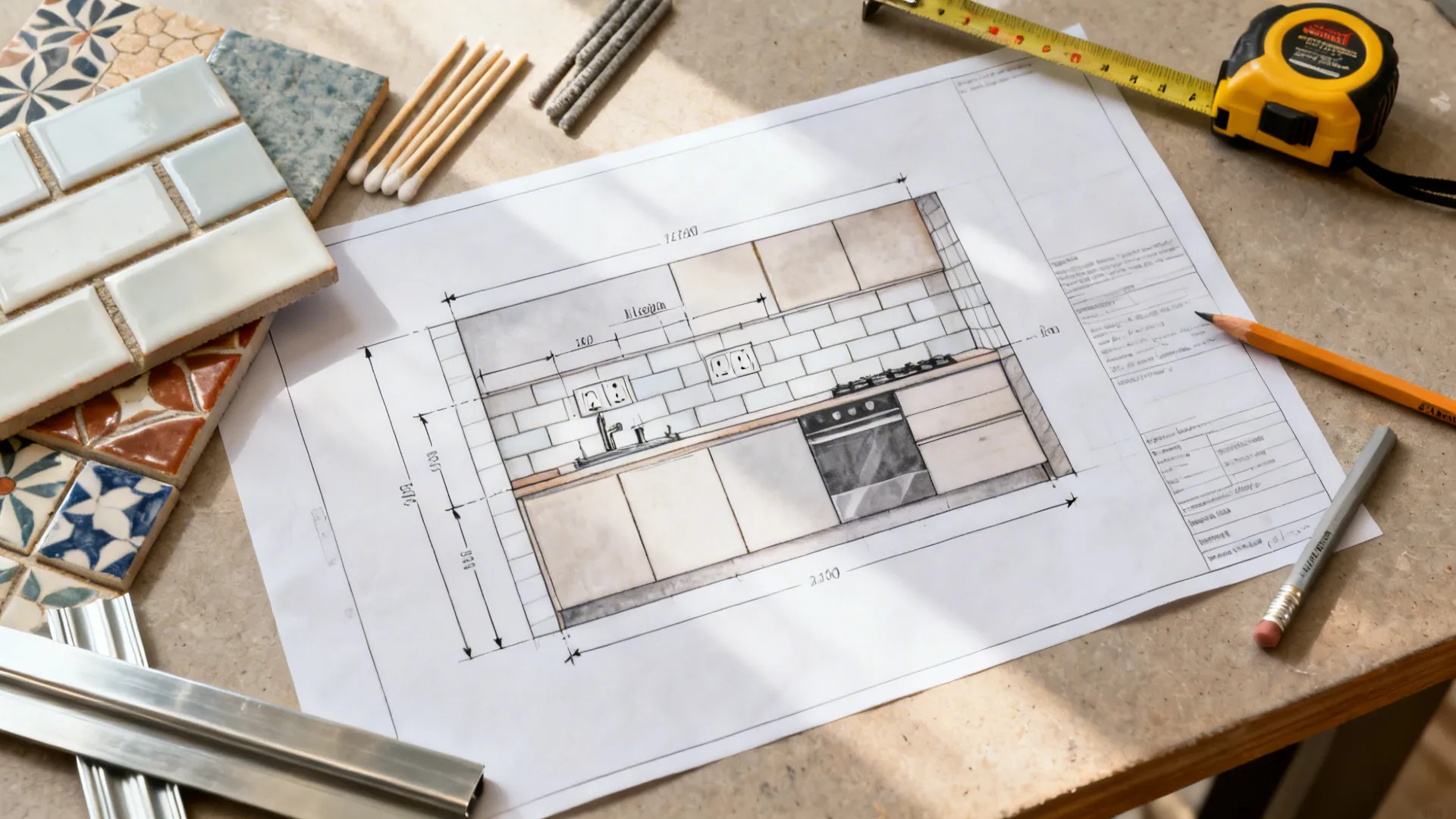 Top-down planning flat lay with kitchen elevation drawing, tile samples, grout sticks, and trim profiles.
