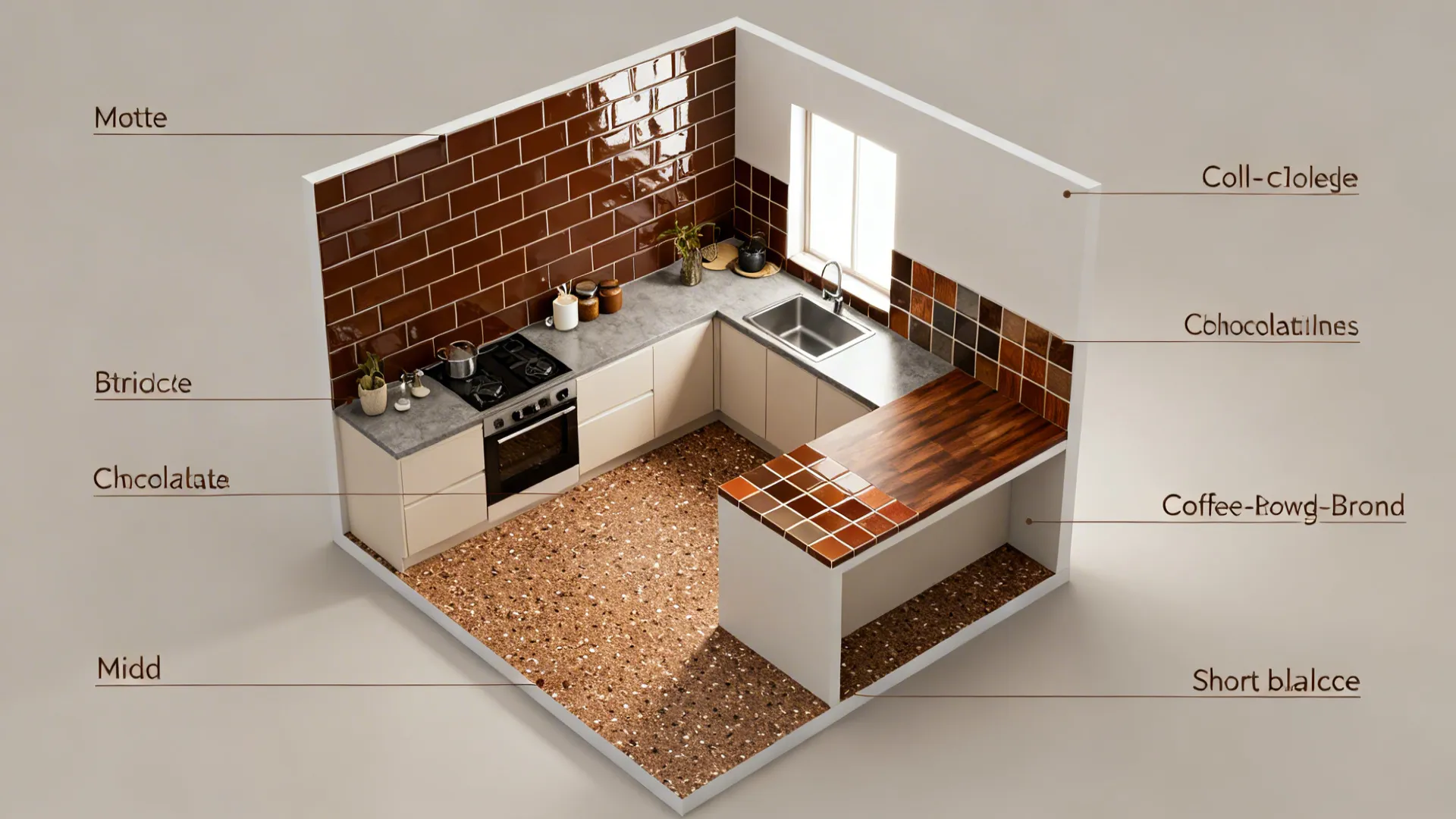 Top-down kitchen plan showing where each brown tile type is used for clear layout planning.