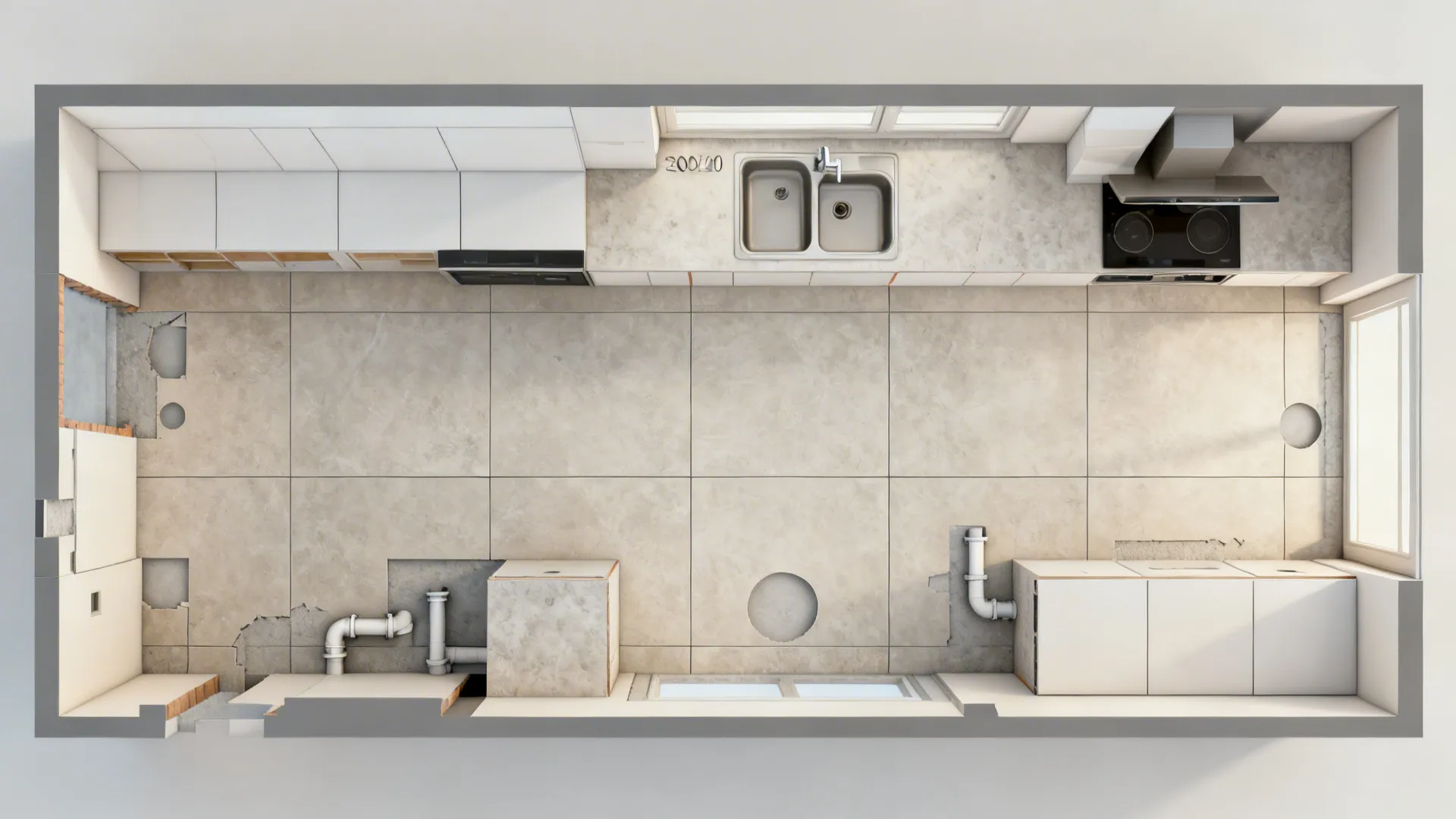 Top-down plan view showing large-format tile orientation with minimal grout lines.