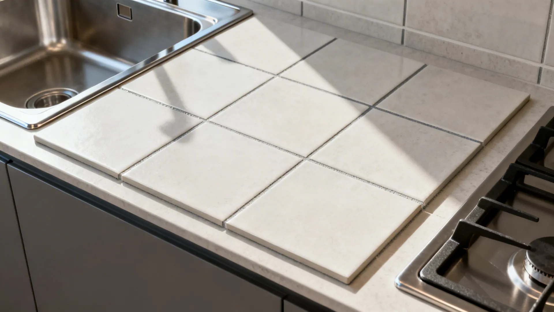 Top-down layout of 600x600 rectified tiles with 2 mm grout and metal edge trims on a countertop.