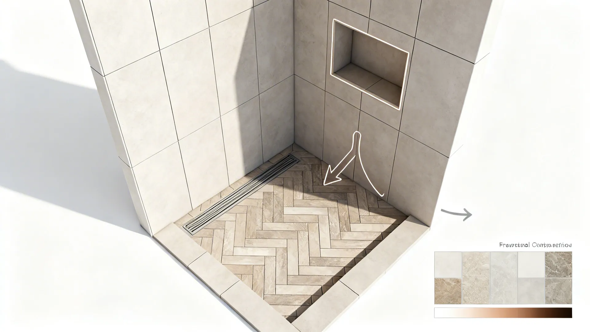 Top-down layout of a small bathroom showing tile zones, drain slope, and niche placement