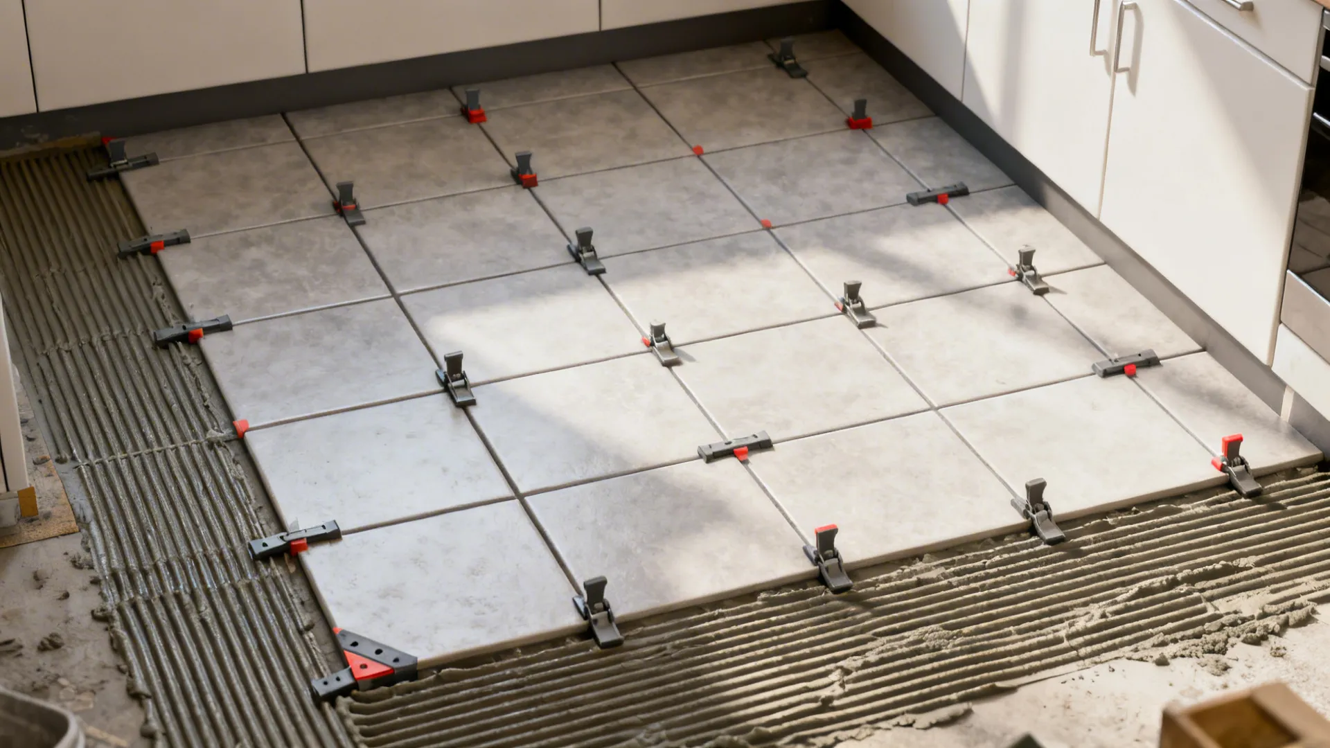 Top-down view of large tiles with tight joints and leveling clips on a small kitchen floor.