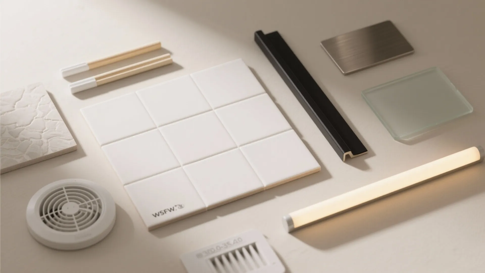 Various home building materials including white tiles metal bar light fixture and small glass samples