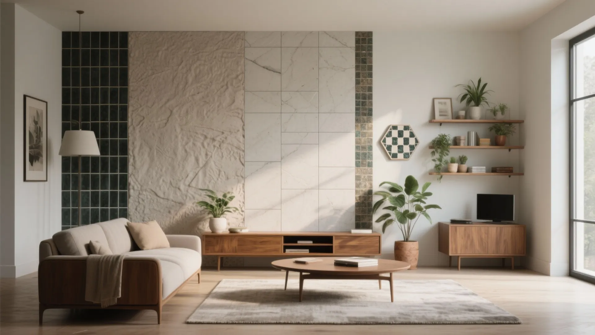 Modern living room with beige sofa wooden cabinet round coffee table and decorative stone wall panels