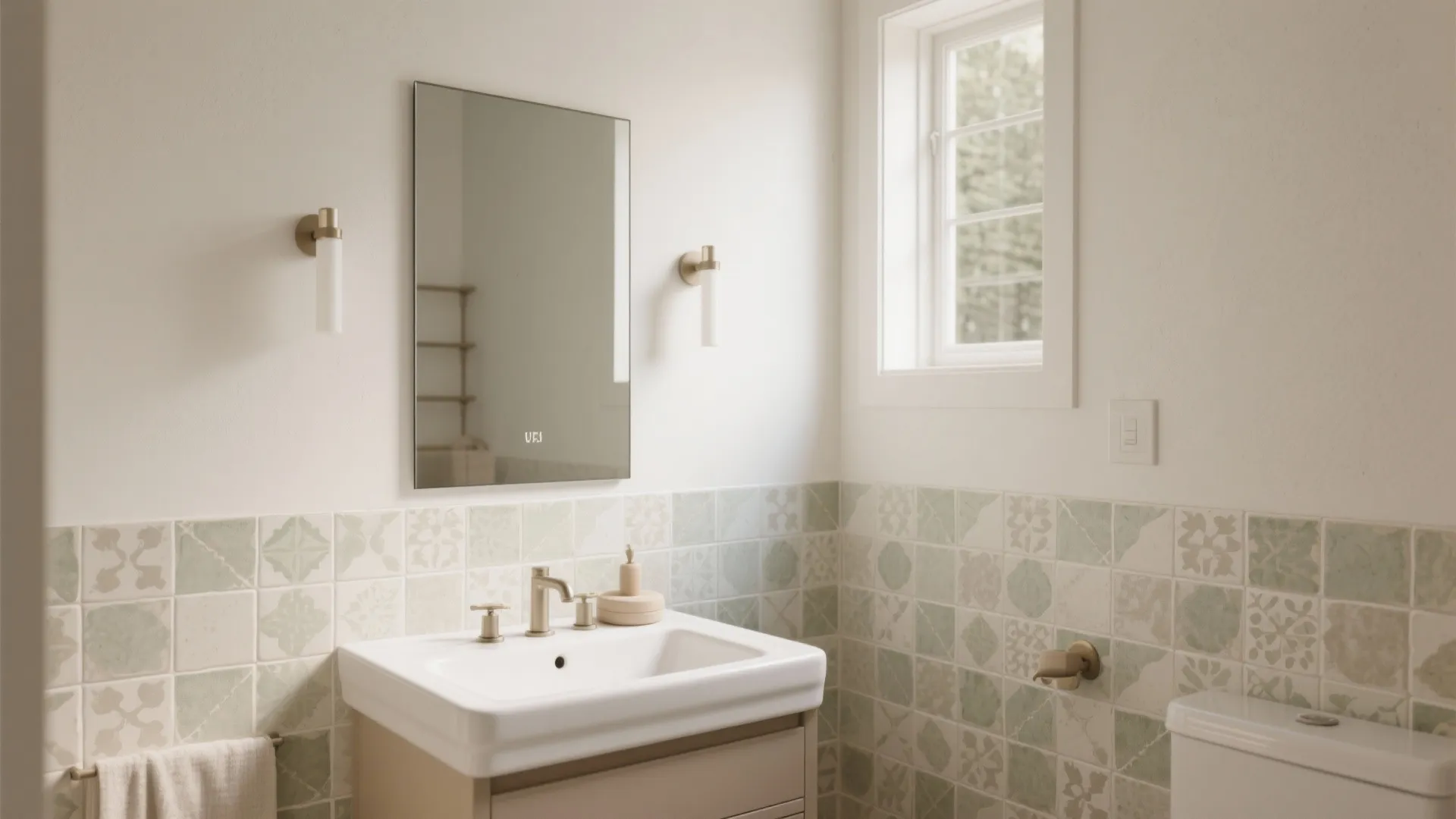 Small bath showing real tile at the vanity and tile-effect wallpaper on a dry wall.