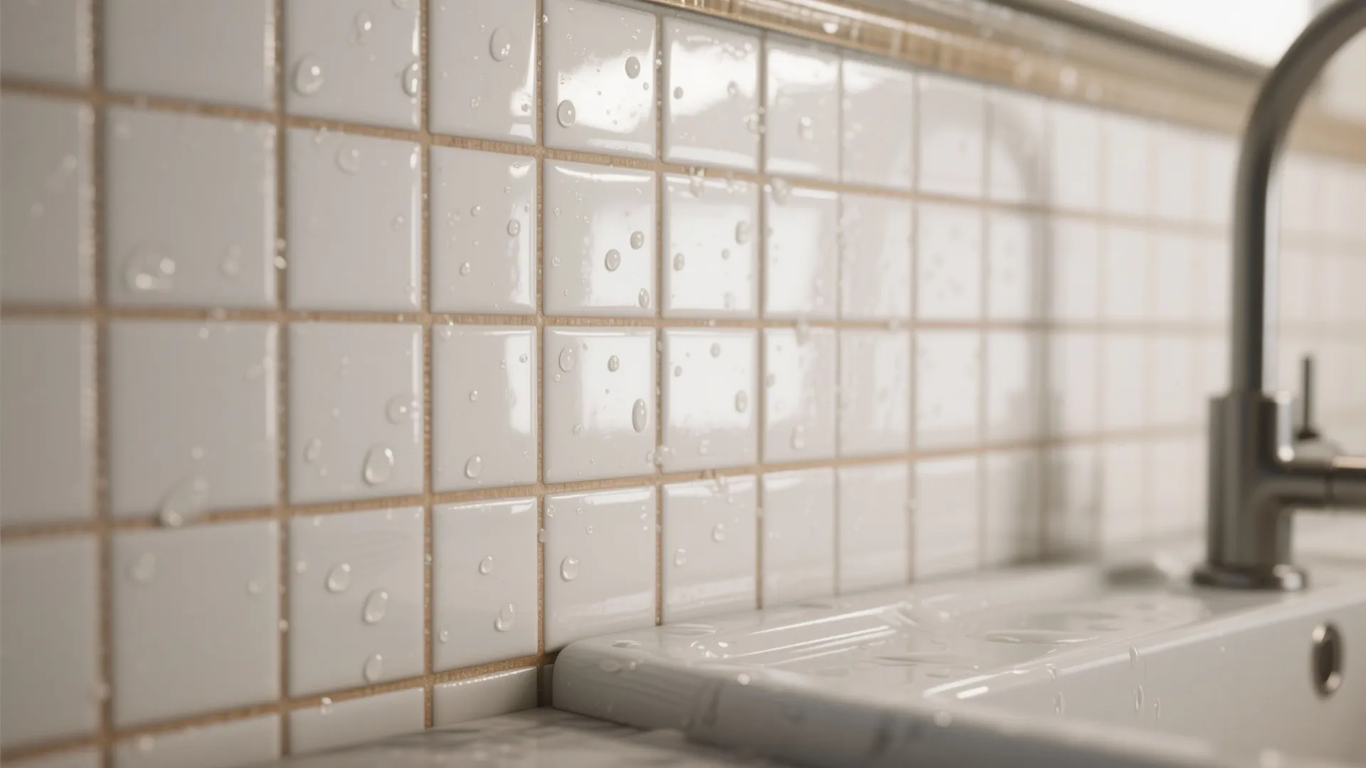 Close up of white kitchen tiles with water droplets near a sink and silver faucet