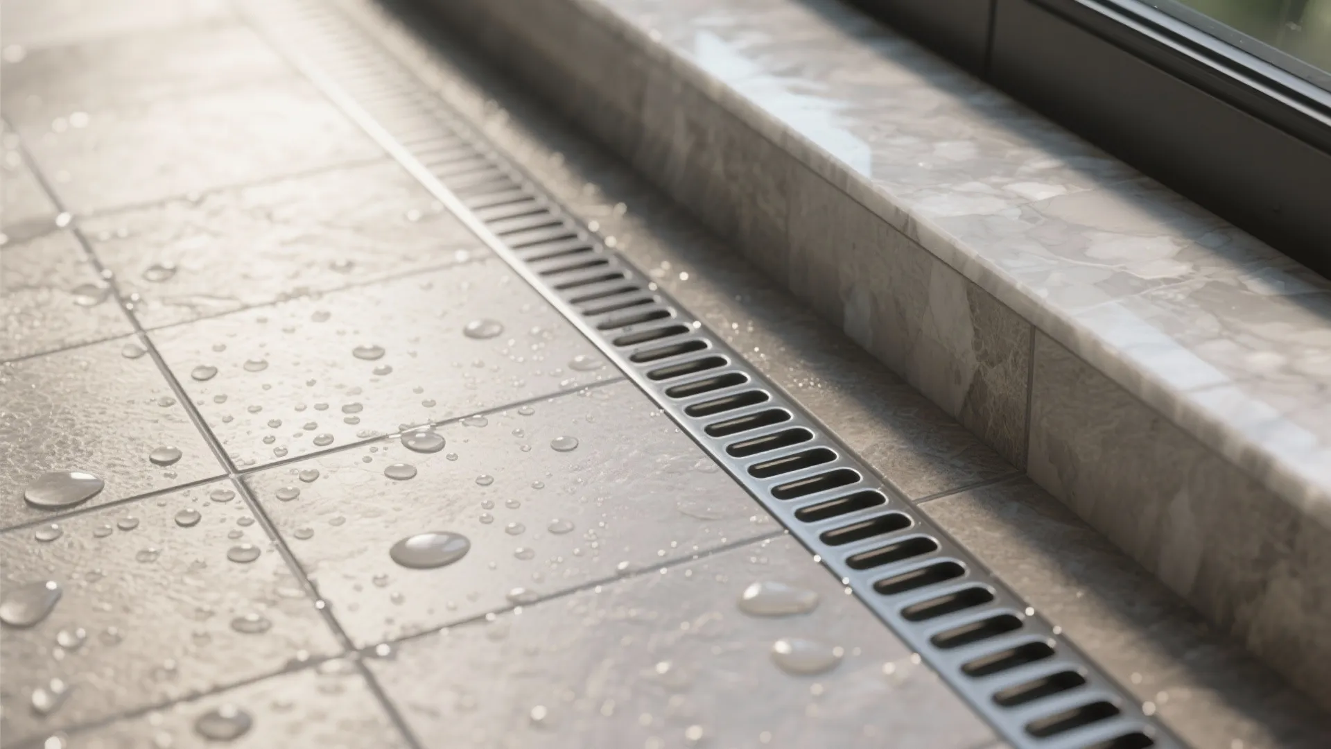 Close up of wet grey floor tiles with water drops and a long metal floor drain