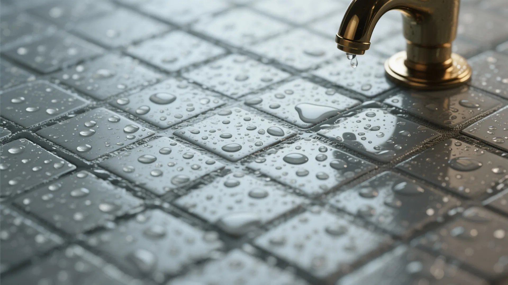 Close up view of gray bathroom floor tiles with water drops and a gold faucet