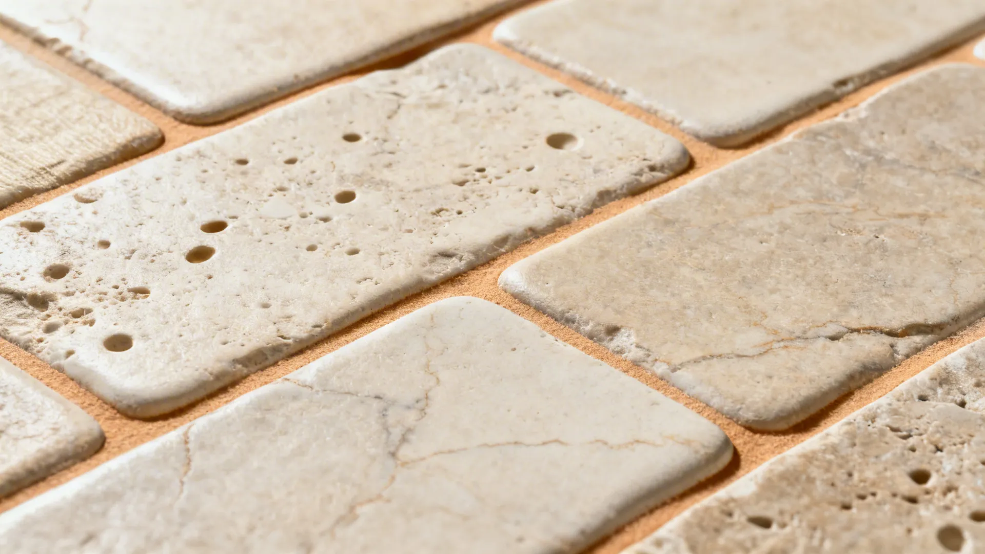 Close-up of tumbled porcelain tile with subtle veining and warm grout lines.