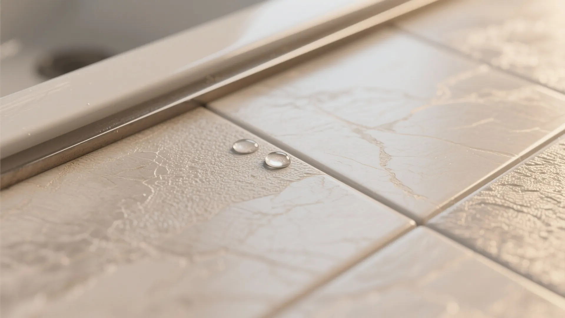 Close up of beige matte floor tiles with water drops on the textured surface in sunlight