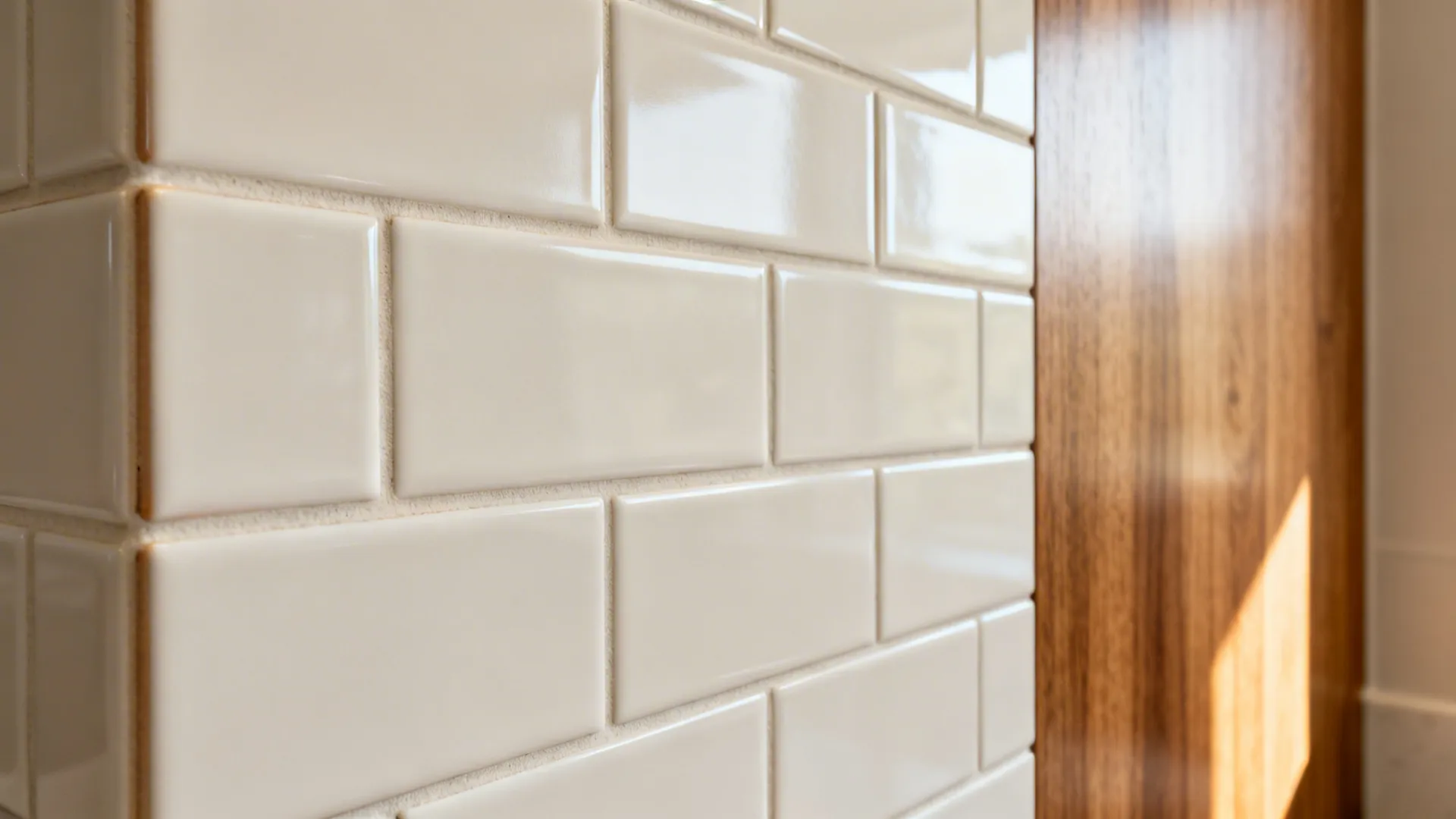 Macro view of matte off-white stacked subway tiles with warm light grout.