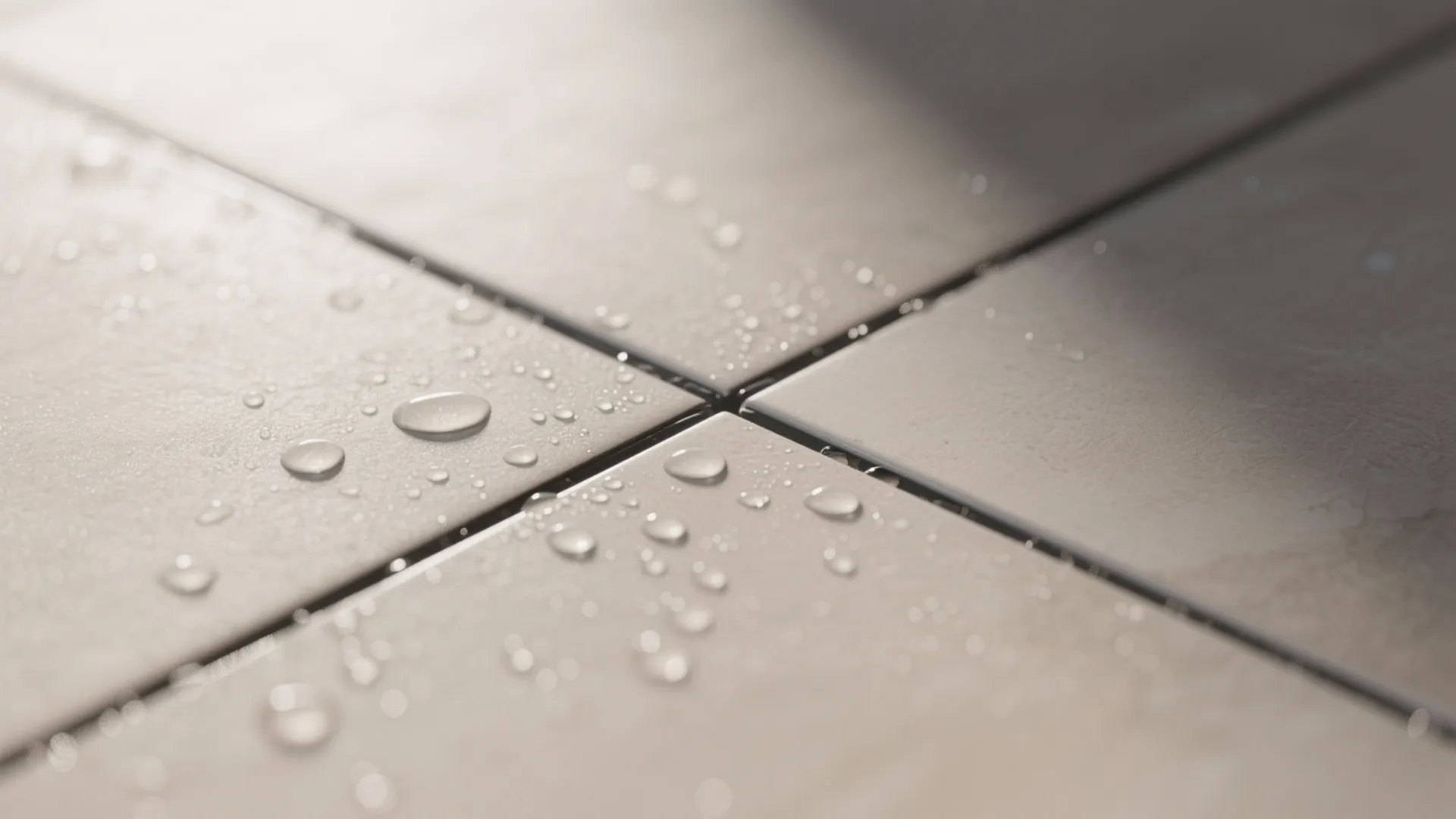Water drops on square grey floor tiles with dark grout lines in a modern bathroom setting
