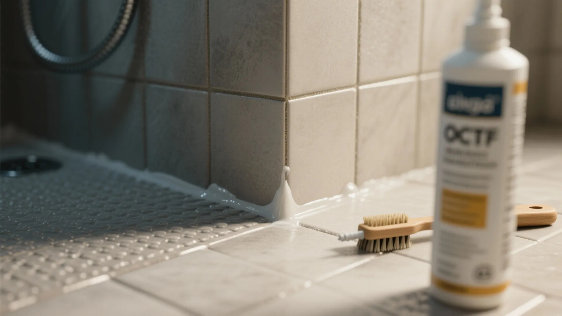 Applying white grout cleaner to bathroom wall tiles with a cleaning brush and bottle shown