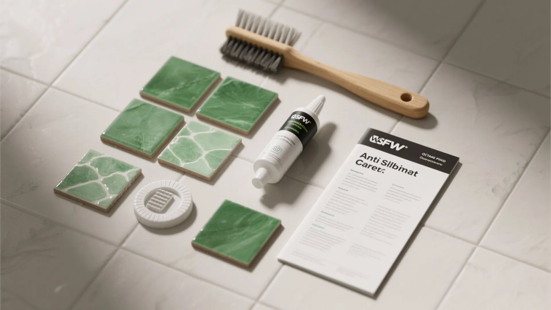 Green tiles wooden cleaning brush tube of cleaner maintenance guide laid on white tiled floor