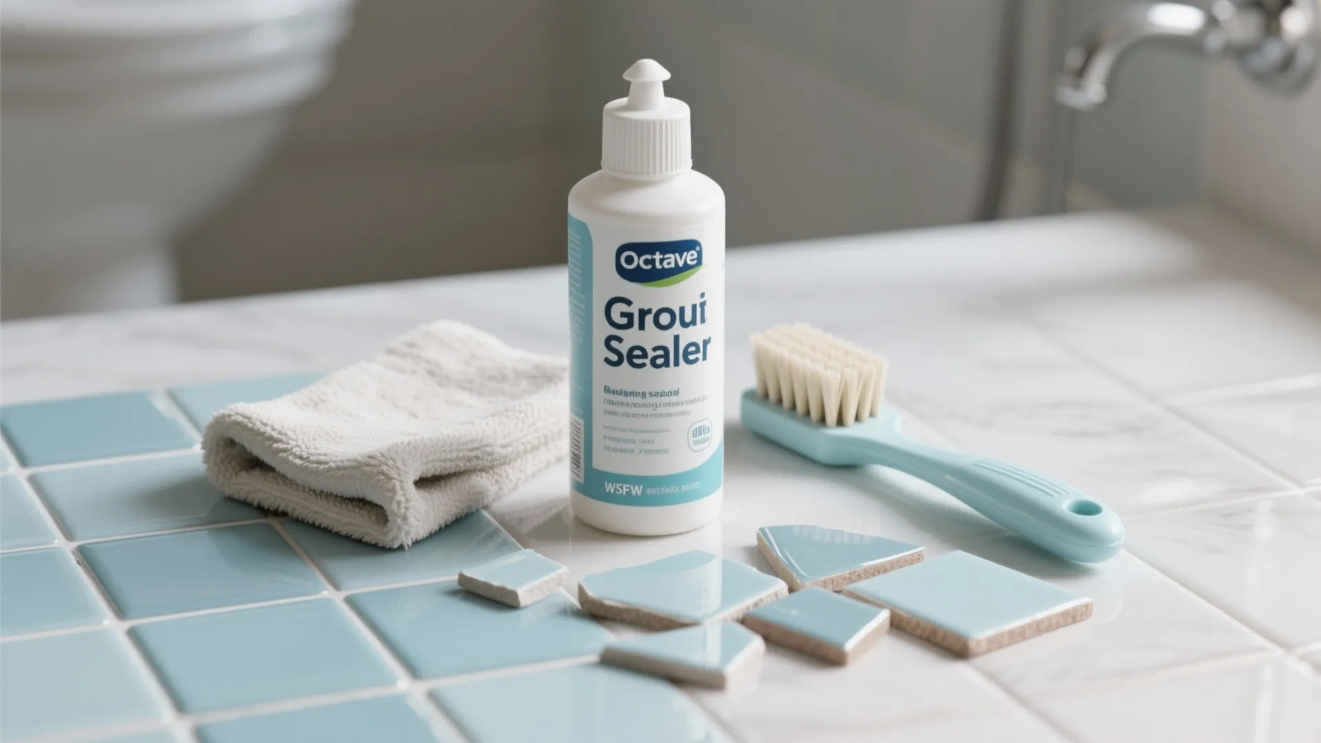 Bottle of grout sealer with blue cleaning brush and white towel on light blue tiles