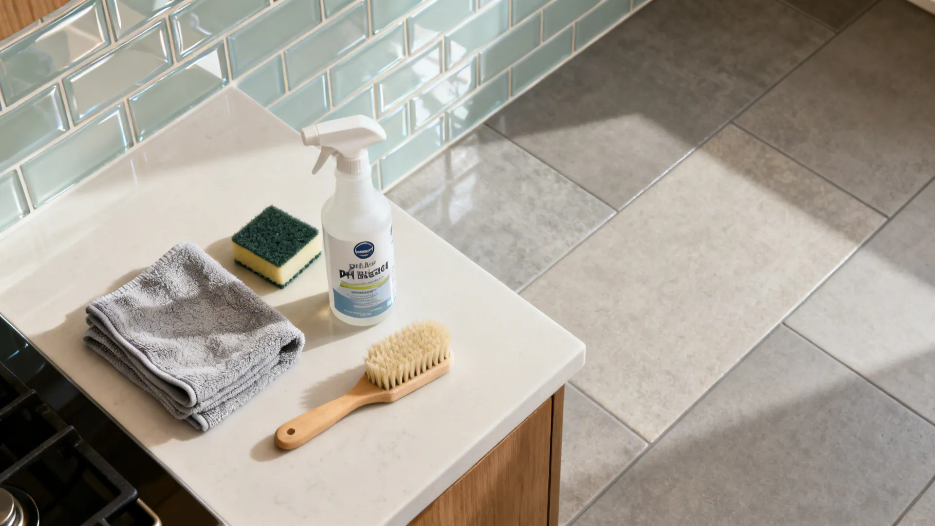 Top-down of microfiber cloths, pH-neutral cleaner, sponge, brush, and grout sealer on tiles.