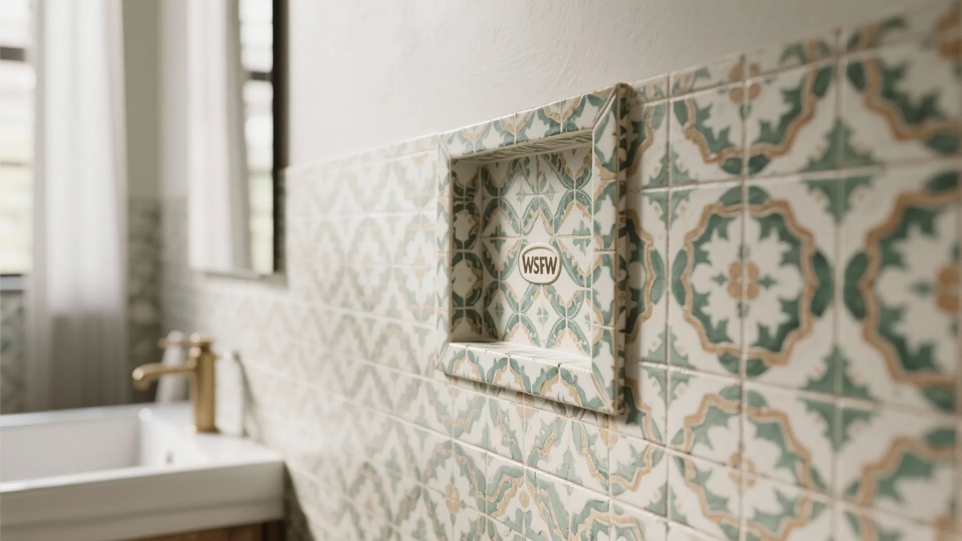 Bathroom wall with patterned green tiles and a small built in square shelf near sink