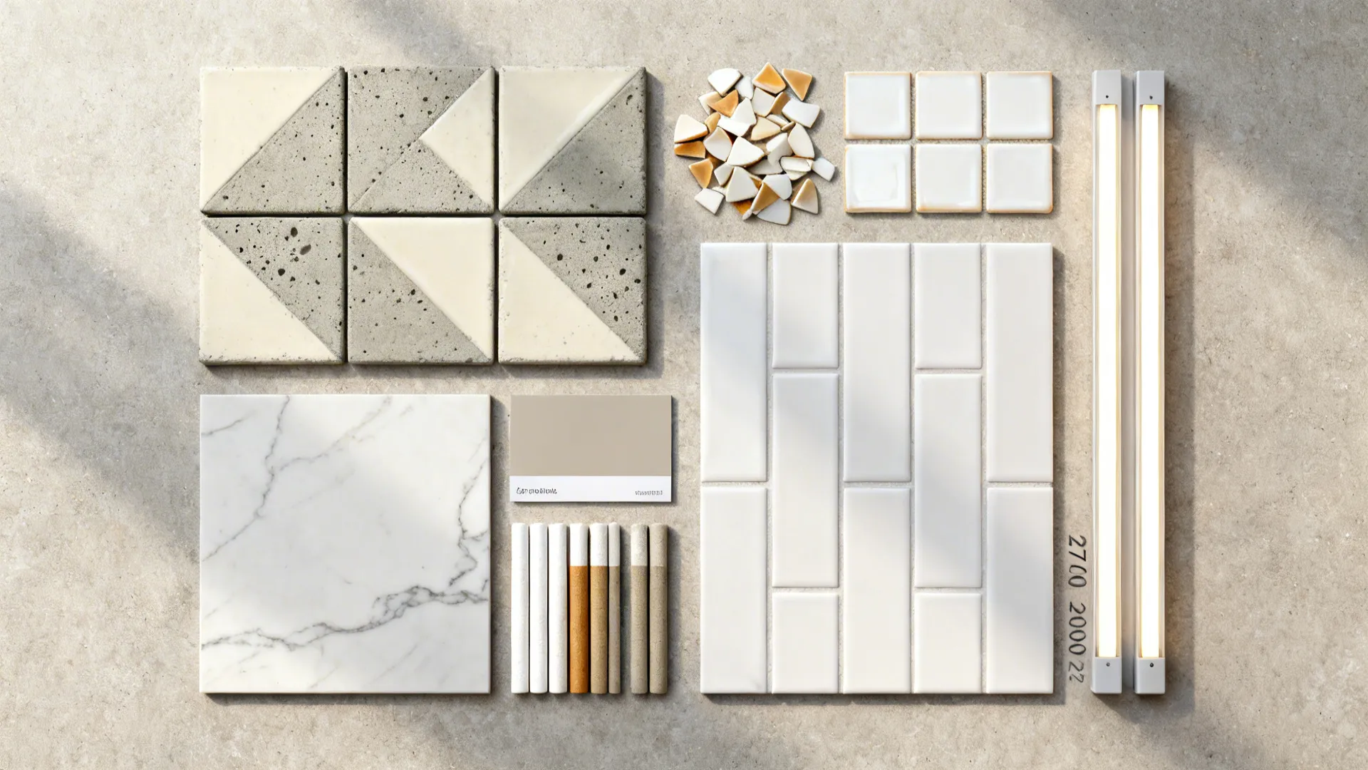 Top-down flat lay of neutral cement tile, zellige, subway, slab samples with matching grout and LED strip.