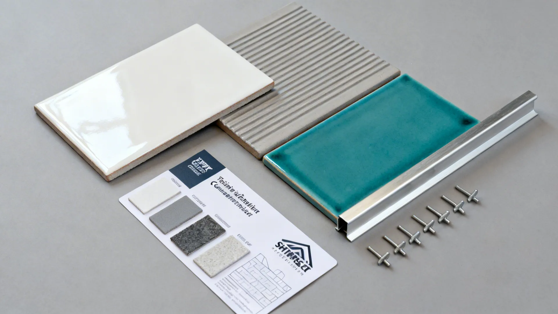 Selection of kitchen wall tiles including white, grey, and teal colors with metal trim pieces