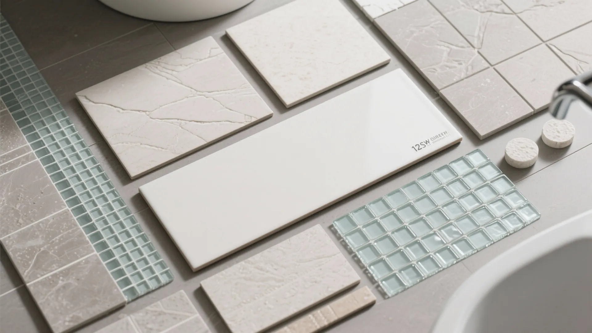Flat lay of ceramic, glass, and mosaic tile materials