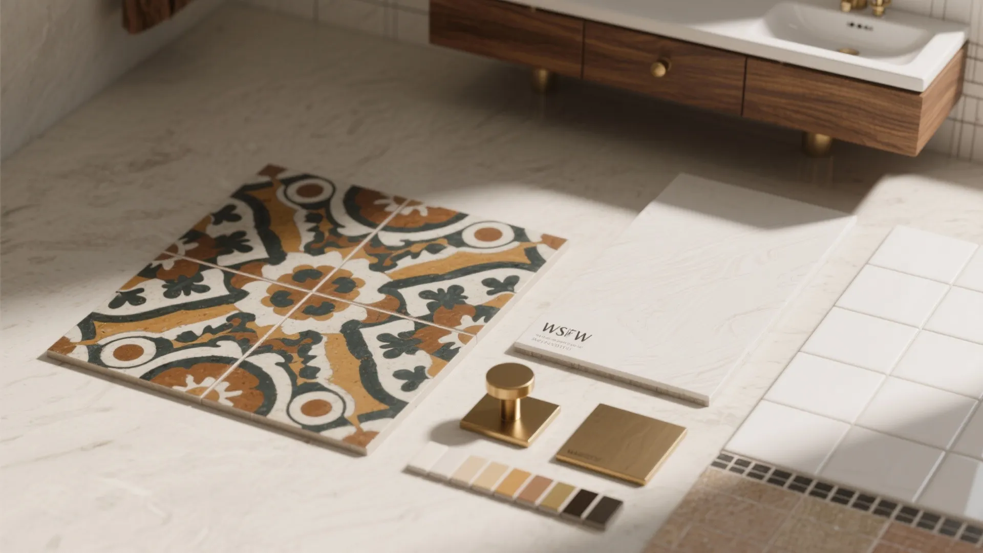 Flat lay with patterned floor tiles, white marble sample, gold cabinet hardware, and interior design swatches