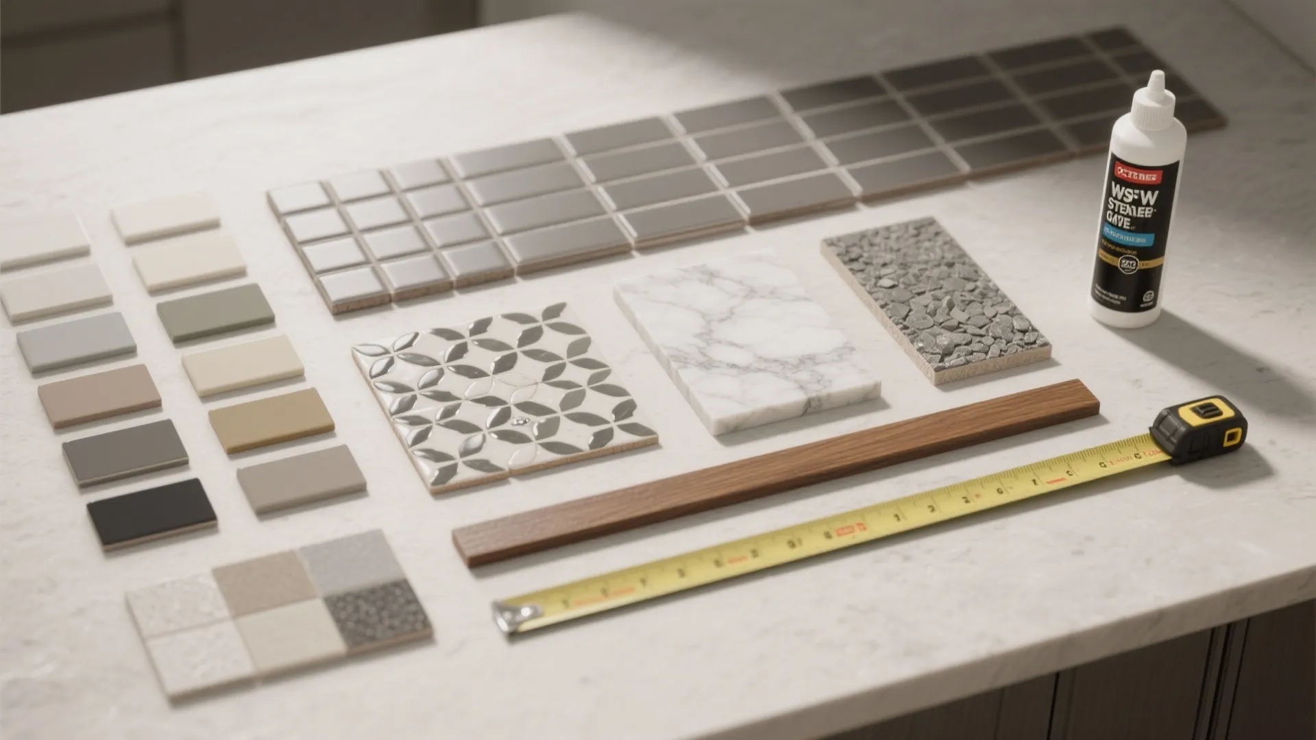 Flatlay of tile samples, grout swatches, marble chip and wood trim for planning an accent wall