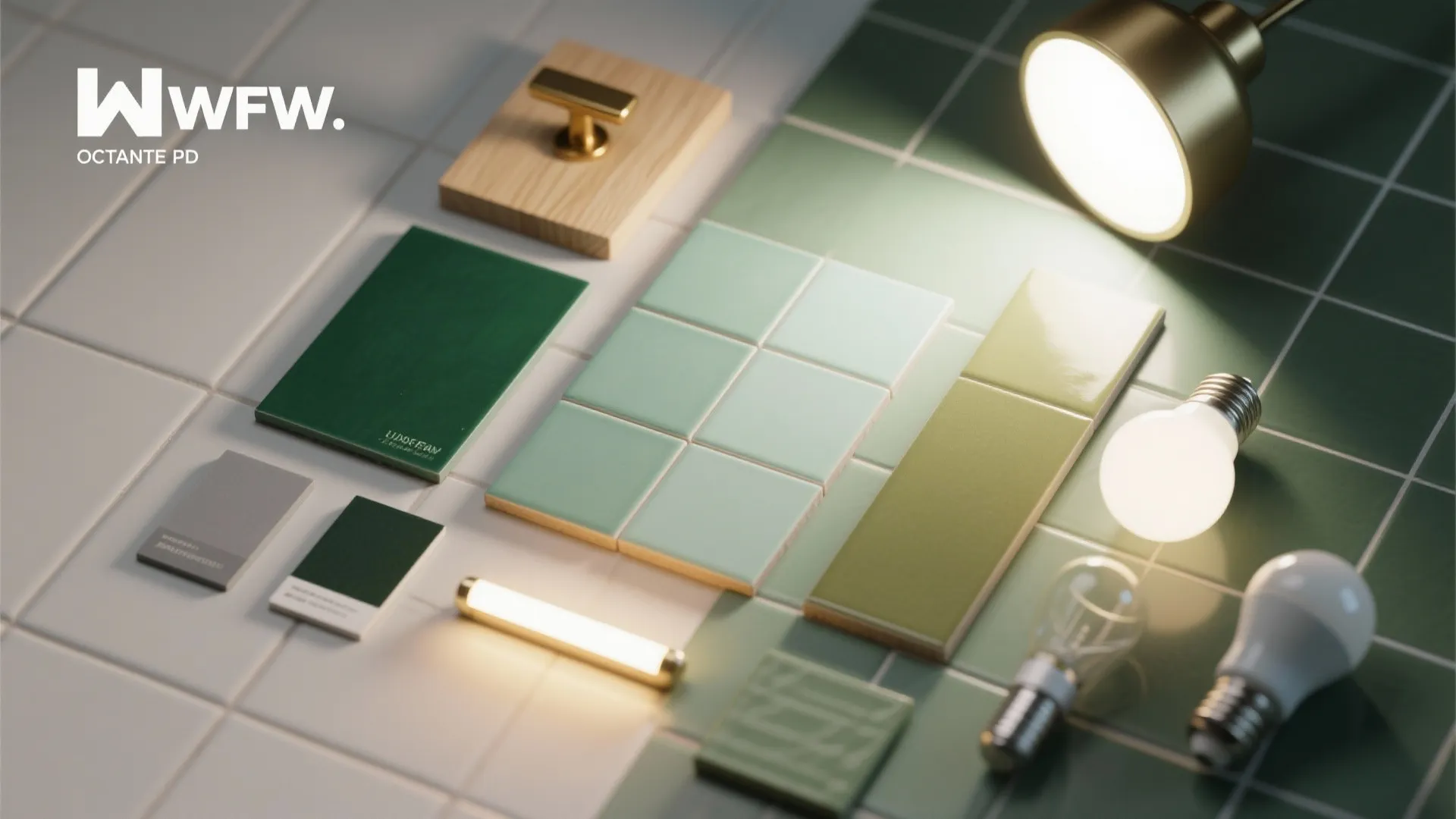 Material flatlay of green tile swatches, brass sample, wood veneer and grout options