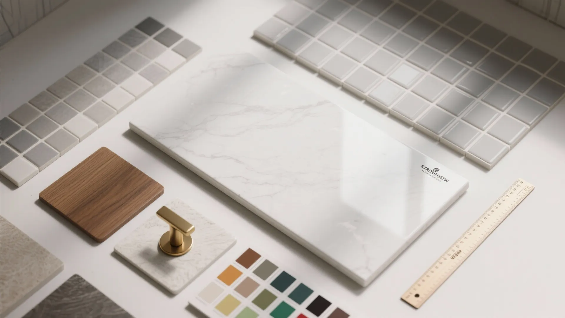Flatlay of tile and material samples including white slab, subway tile, wood veneer and brass hardware