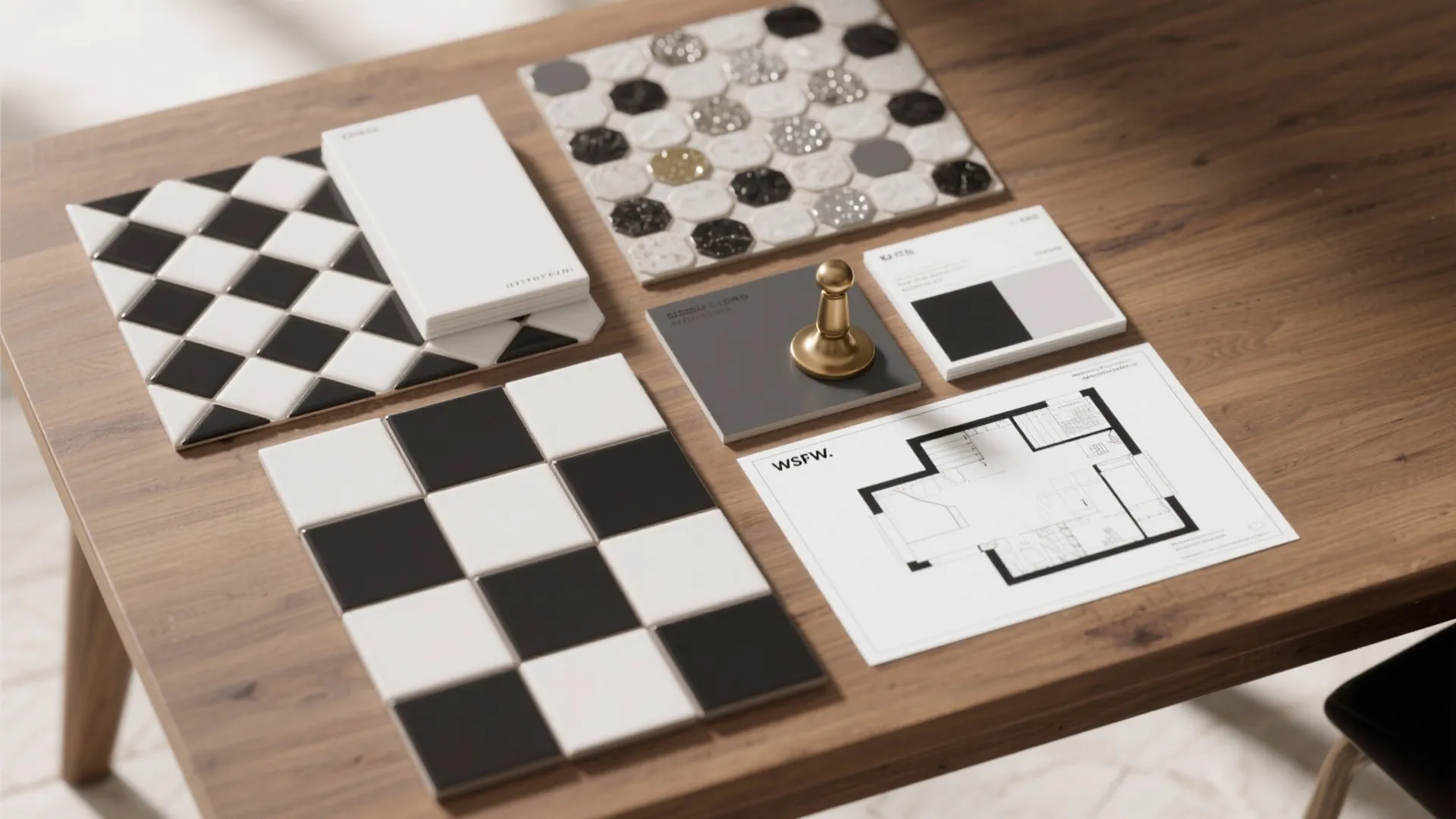 Flatlay of black-and-white tile samples, grout swatches, brass fixture and floor plan for small bathroom design.