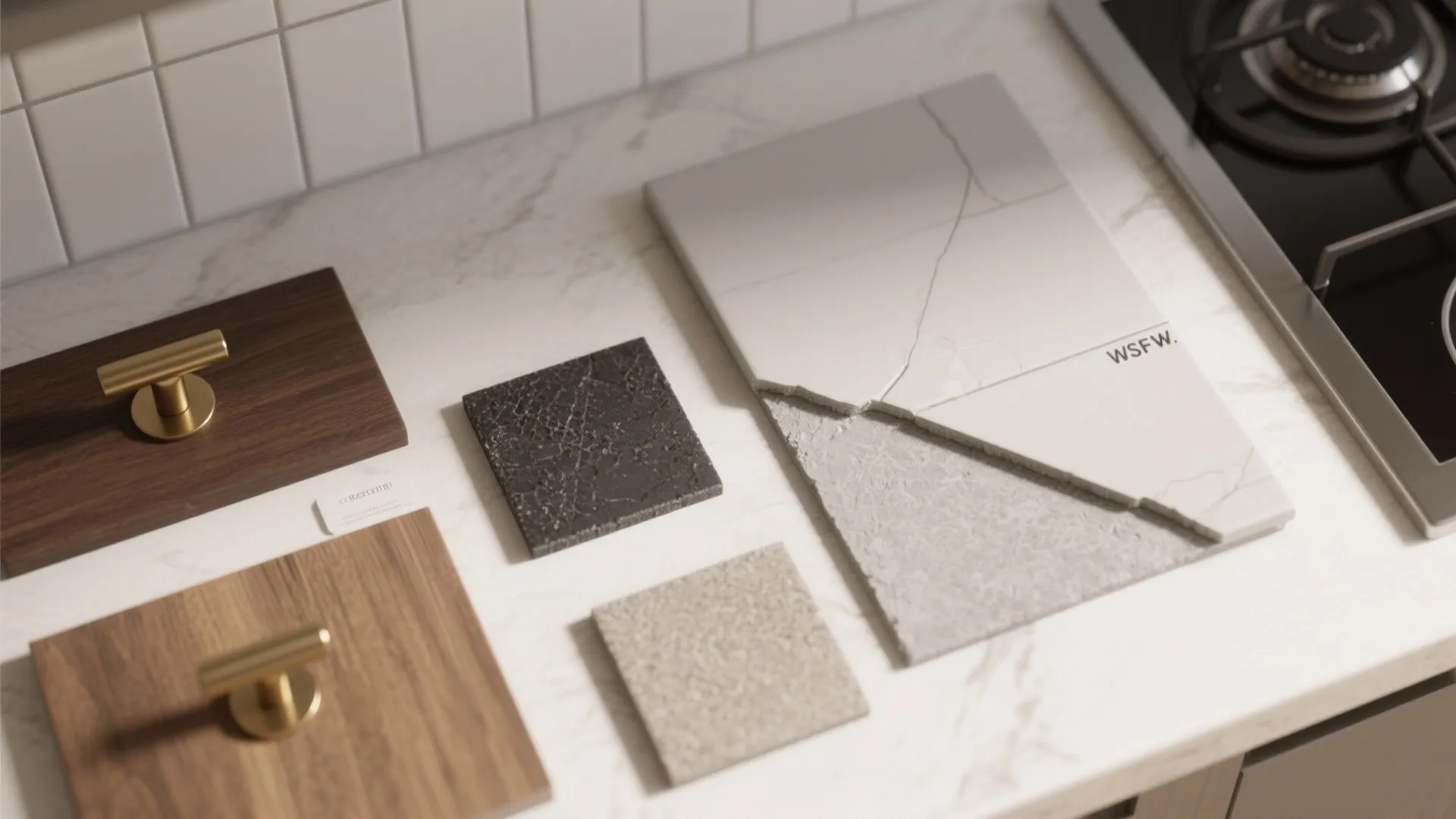 Interior design material selection on marble surface including wood samples gold handles and stone tiles