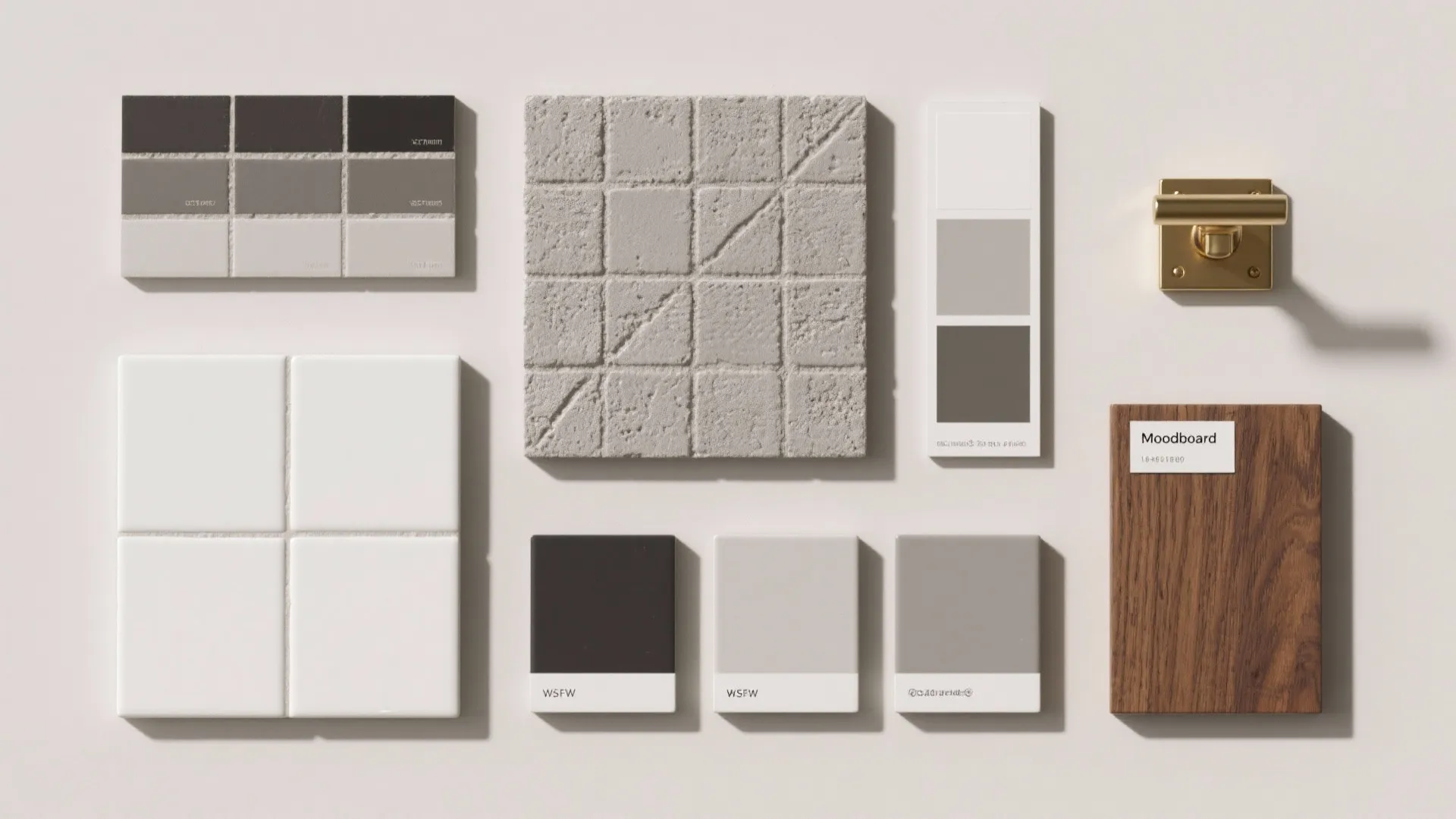 Interior design moodboard with tile samples color swatches wood piece and a gold door handle