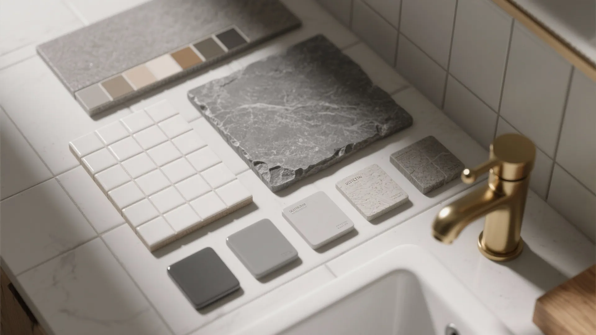 Interior design material selection with stone samples ceramic tiles and gold tap on white surface