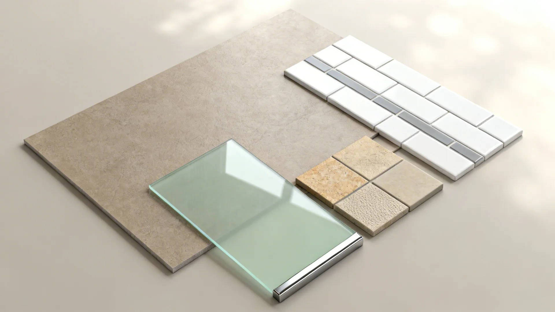 Flat lay of small kitchen tile samples: porcelain slabs, subway, glass, stone-look, and matte square tiles.