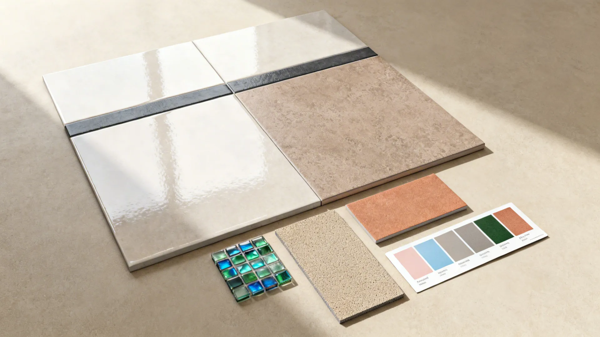 Flatlay of tile and grout swatches including large-format, textured, mosaic and grout samples