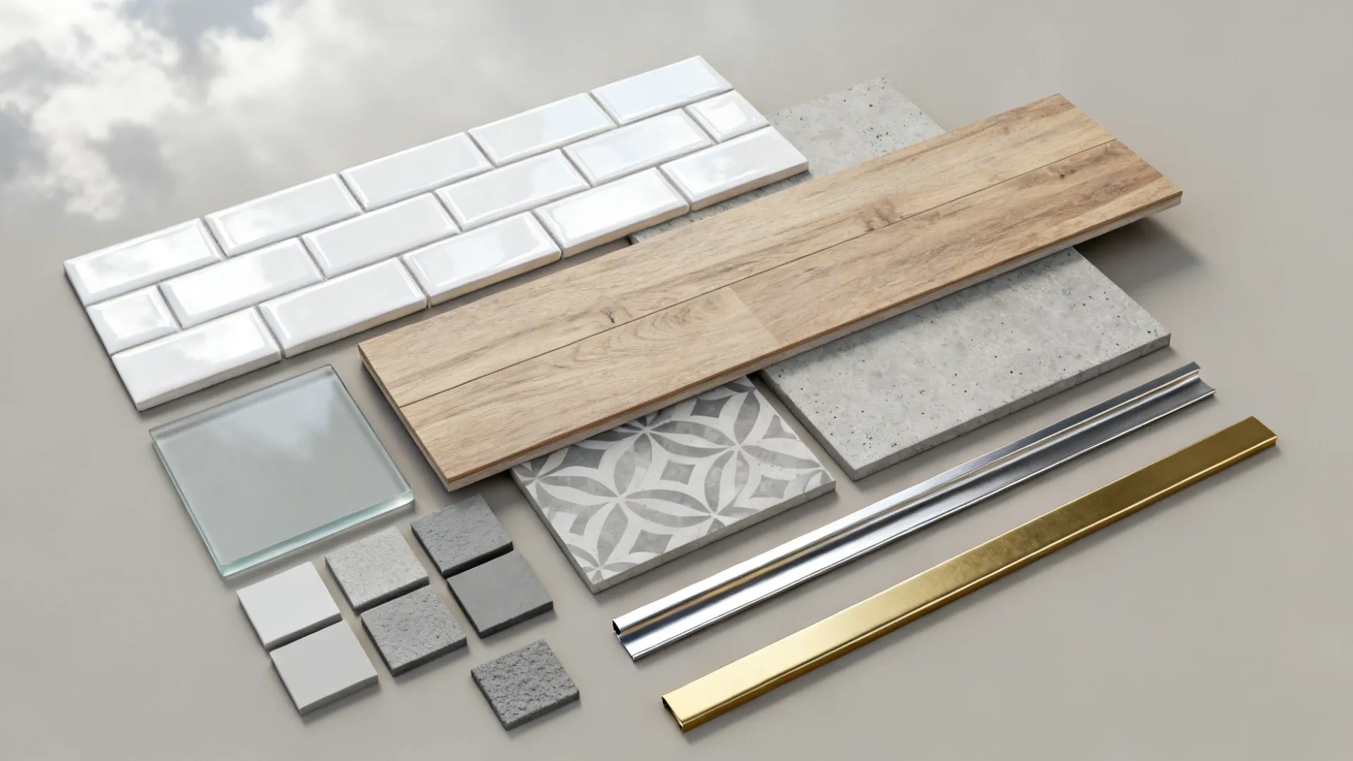 A collection of various wall tiles wood floor samples and metal trim pieces for interior design