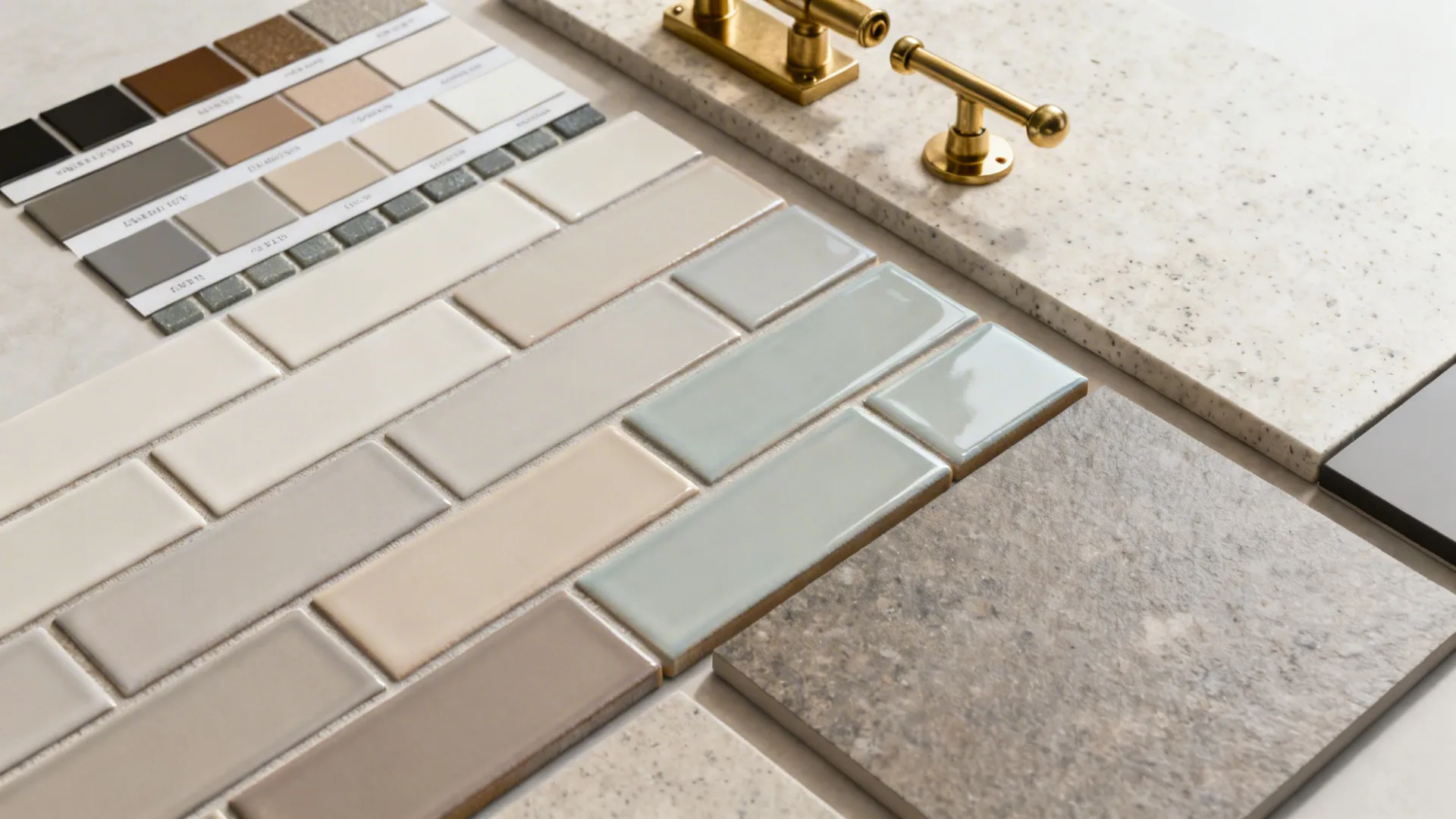 Flatlay of subway tile samples, grout strips, hardware and countertop swatches