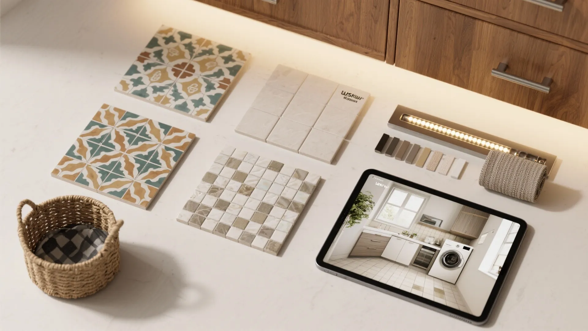 Selection of floor tiles and material samples on a white table with a digital tablet
